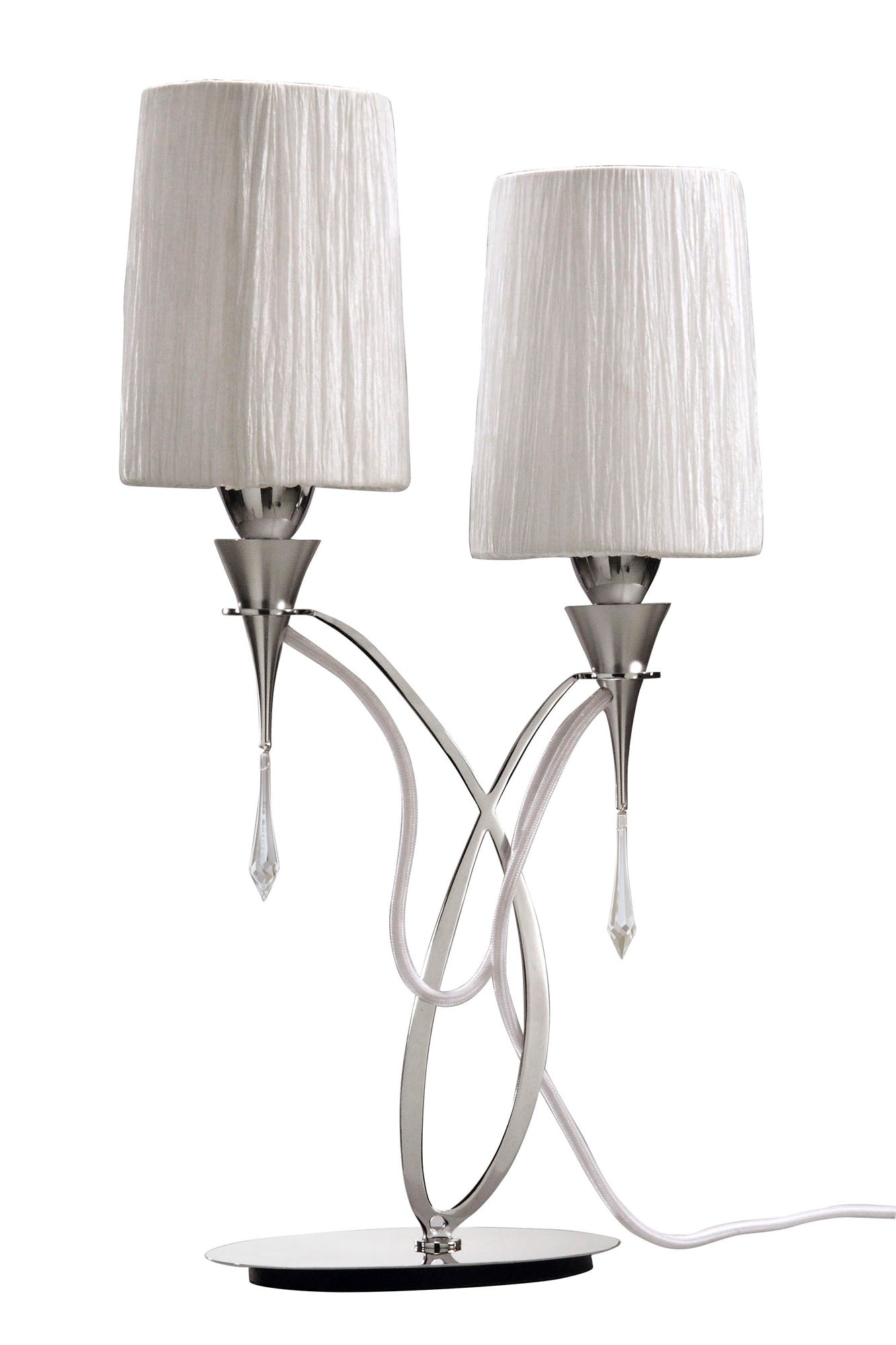 Lucca Table Lamp 2 Light E27, Polished Chrome With White Shades & Clear Crystal by Mantra