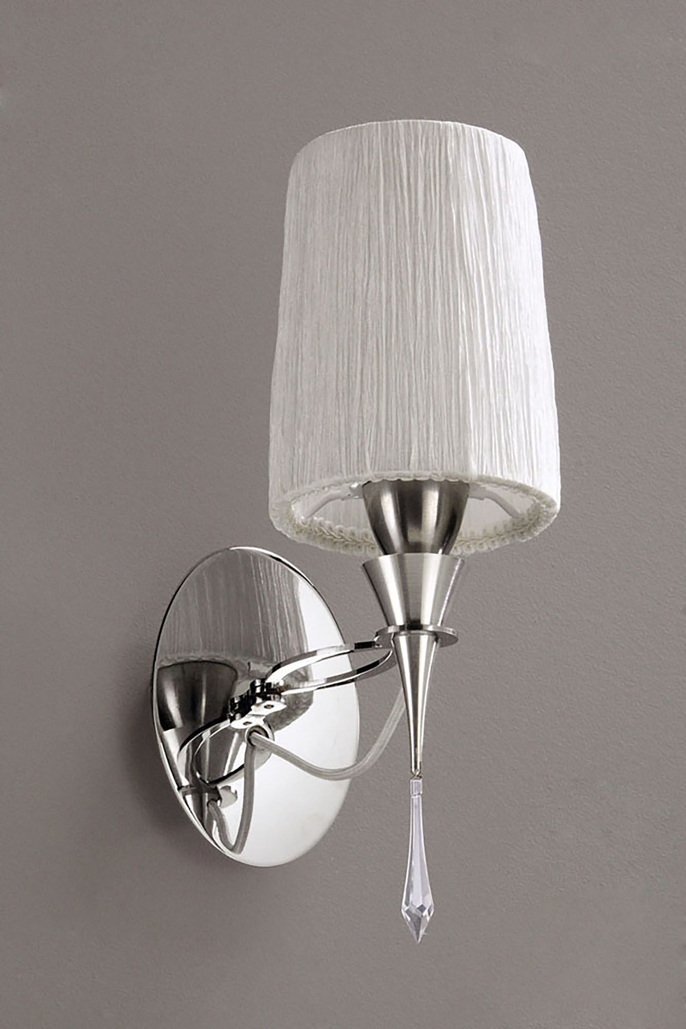 Lucca Wall Lamp Switched 1 Light E27, Polished Chrome With White Shade & Clear Crystal by Mantra