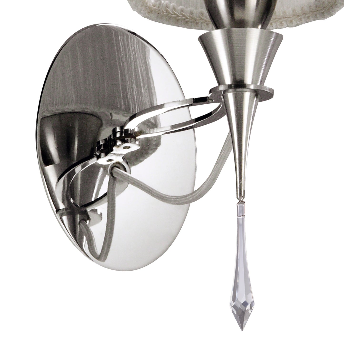 Lucca Wall Lamp Switched 1 Light E27, Polished Chrome With White Shade & Clear Crystal by Mantra