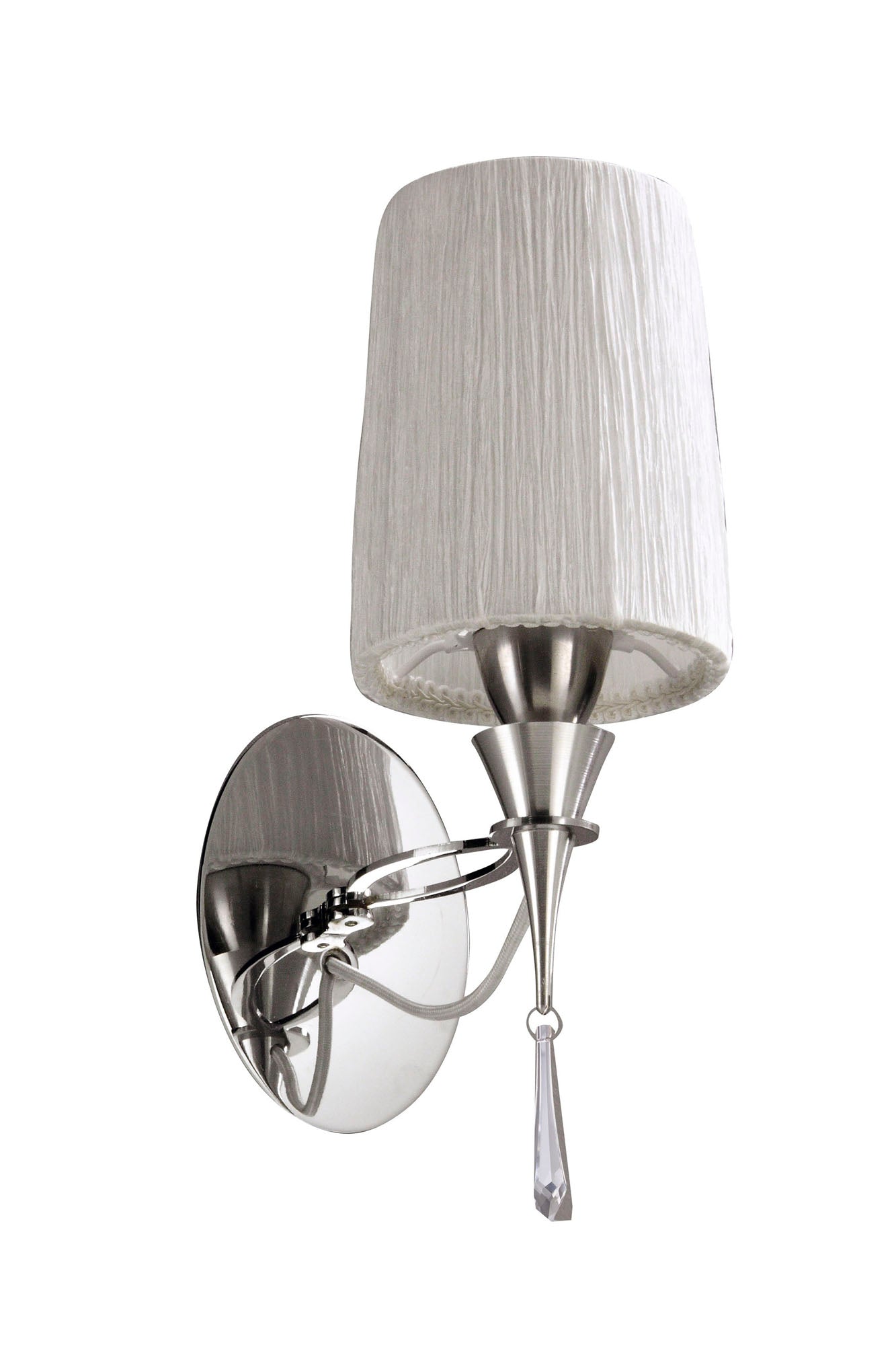 Lucca Wall Lamp Switched 1 Light E27, Polished Chrome With White Shade & Clear Crystal by Mantra