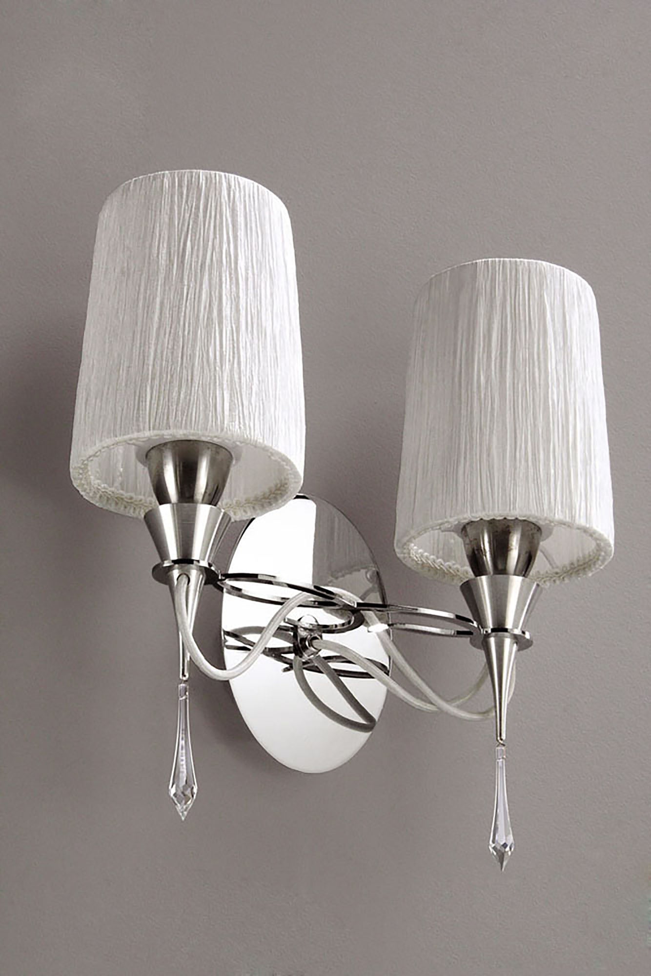 Lucca Wall Lamp Switched 2 Light E27, Polished Chrome With White Shades & Clear Crystal by Mantra