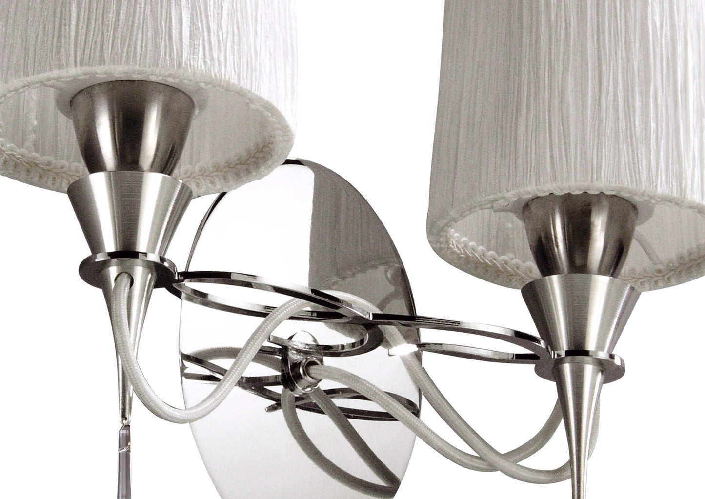 Lucca Wall Lamp Switched 2 Light E27, Polished Chrome With White Shades & Clear Crystal by Mantra