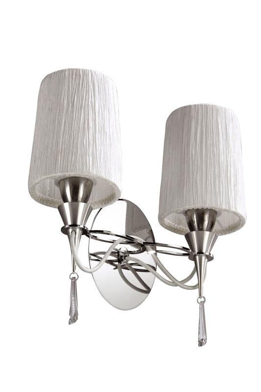 Lucca Wall Lamp Switched 2 Light E27, Polished Chrome With White Shades & Clear Crystal by Mantra