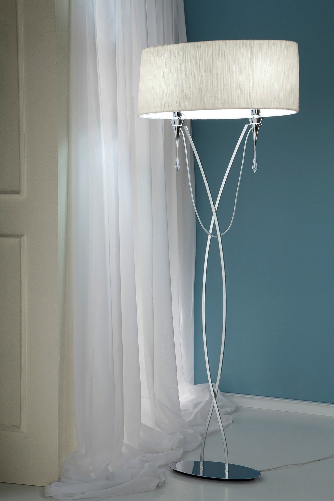 Lucca Table Lamp 2 Light E27, Polished Chrome With White Shades & Clear Crystal by Mantra