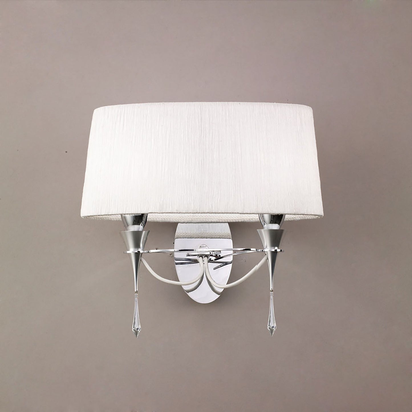 Lucca Wall Lamp Switched 2 Light E27, Polished Chrome With White Shade & Clear Crystal by Mantra