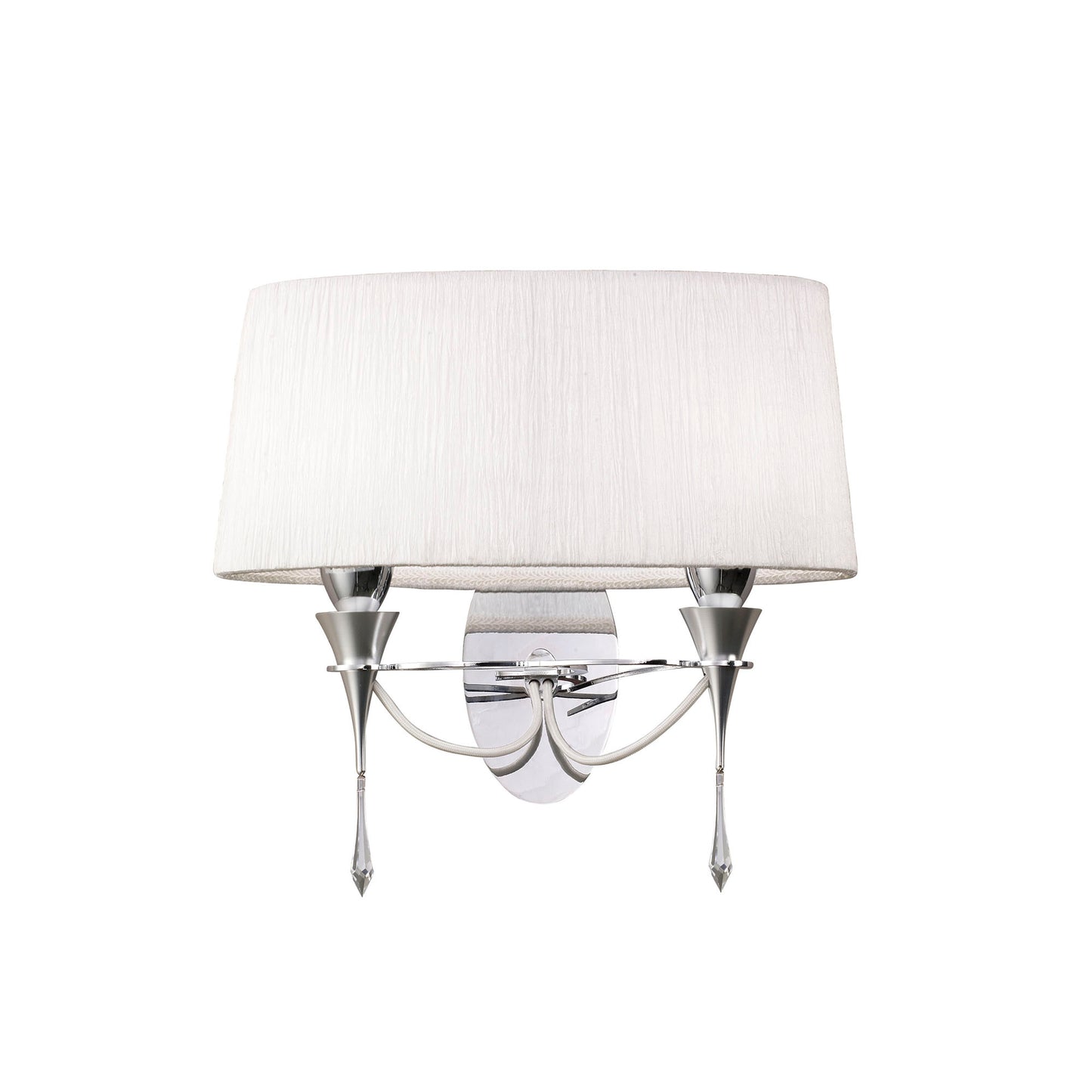 Lucca Wall Lamp Switched 2 Light E27, Polished Chrome With White Shade & Clear Crystal by Mantra