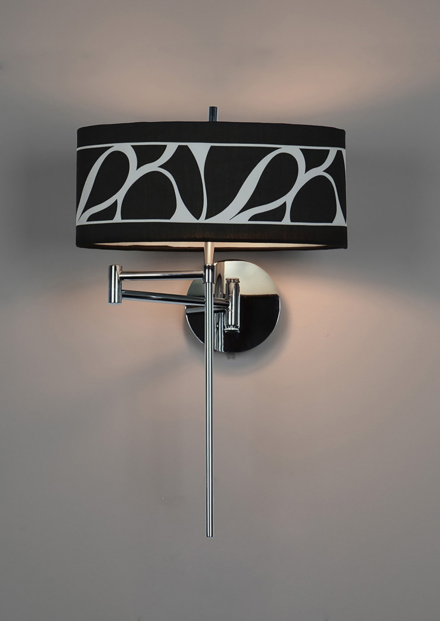 Manhattan Wall Lamp 1 Light E14 Swing Arm, Polished Chrome/Frosted Glass With Black Patterned Shade by Mantra