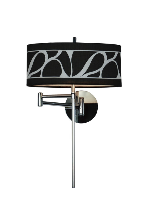 Manhattan Wall Lamp 1 Light E14 Swing Arm, Polished Chrome/Frosted Glass With Black Patterned Shade by Mantra