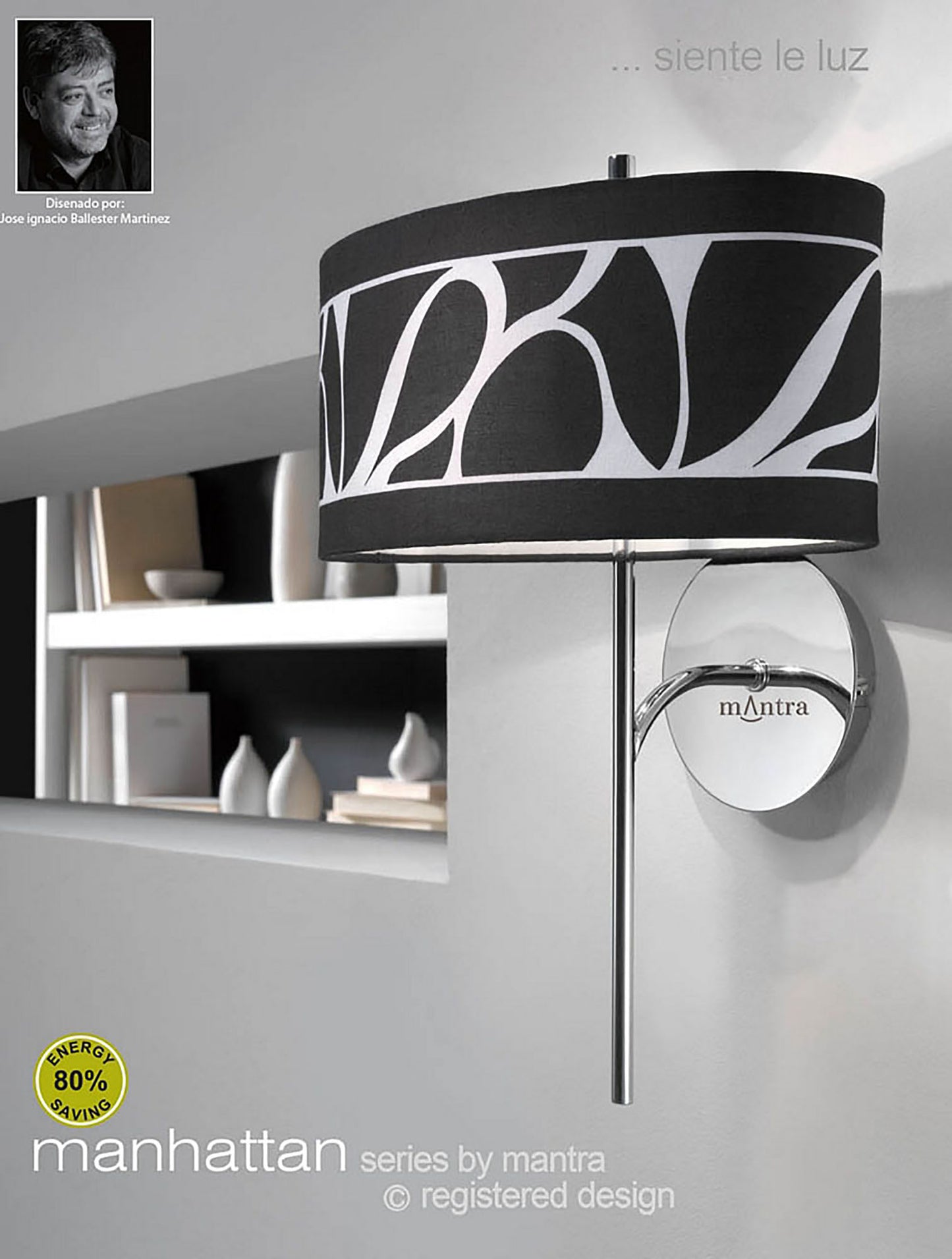 Manhattan Wall Lamp 1 Light E14 Swing Arm, Polished Chrome/Frosted Glass With Black Patterned Shade by Mantra