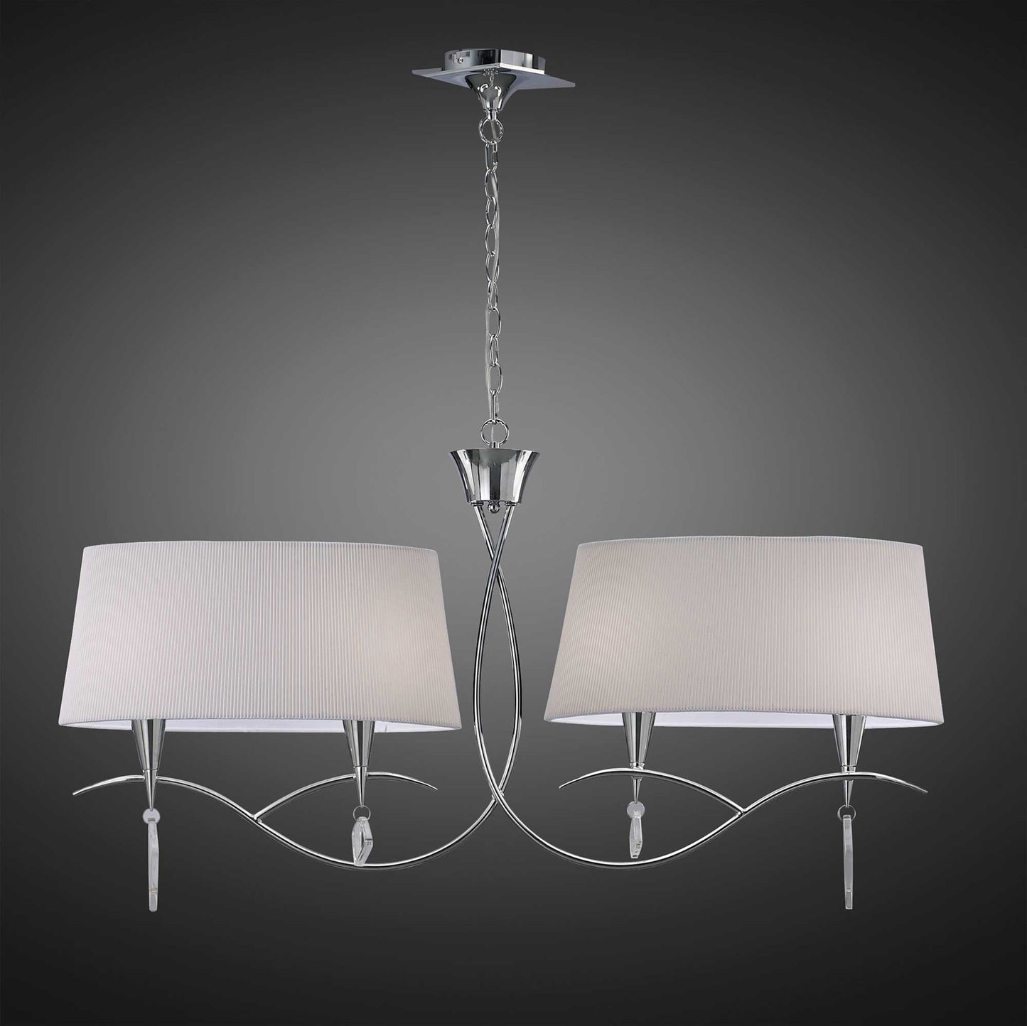 Mara Linear Pendant 2 Arm 4 Light E14, Polished Chrome With Ivory White Shades by Mantra