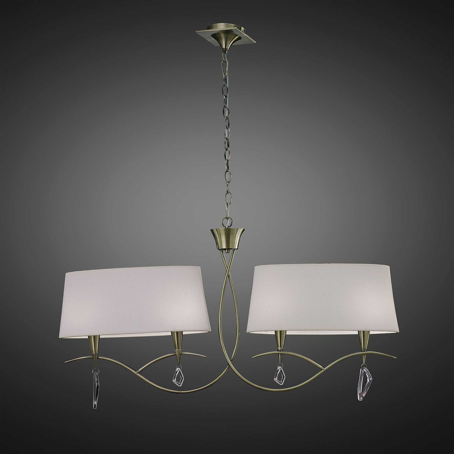 Mara Linear Pendant 2 Arm 4 Light E14, Antique Brass With Ivory White Shades by Mantra