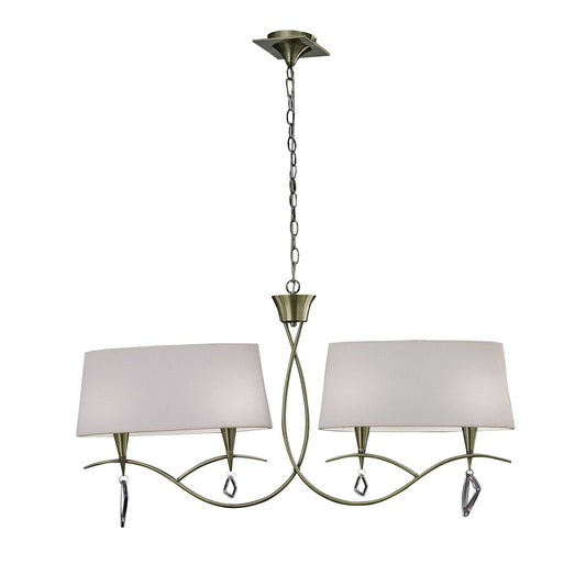 Mara Linear Pendant 2 Arm 4 Light E14, Antique Brass With Ivory White Shades by Mantra