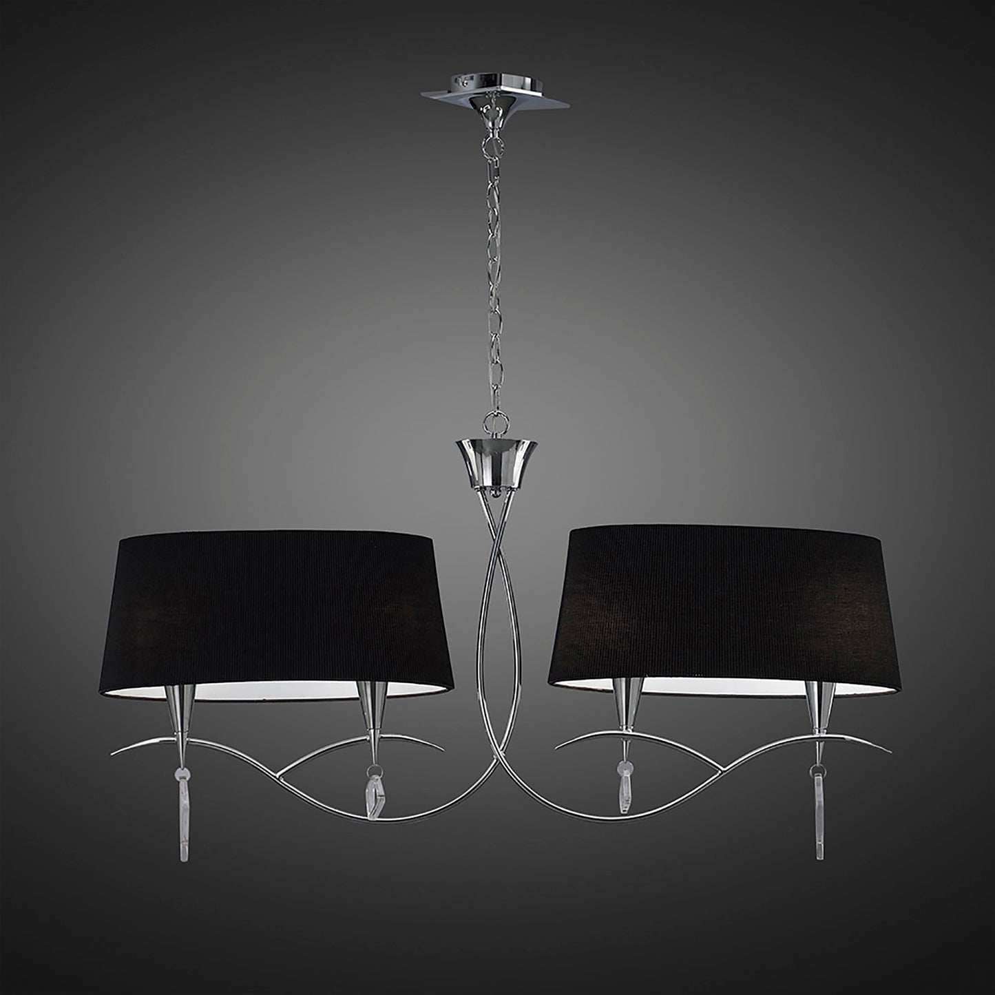 Mara Linear Pendant 2 Arm 4 Light E14, Polished Chrome With Black Shades by Mantra