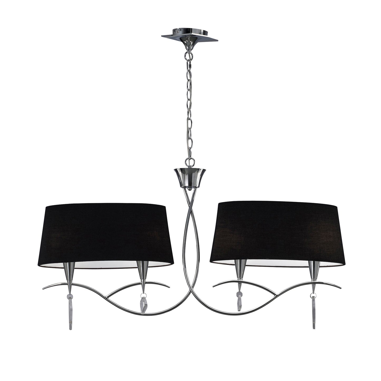 Mara Linear Pendant 2 Arm 4 Light E14, Polished Chrome With Black Shades by Mantra