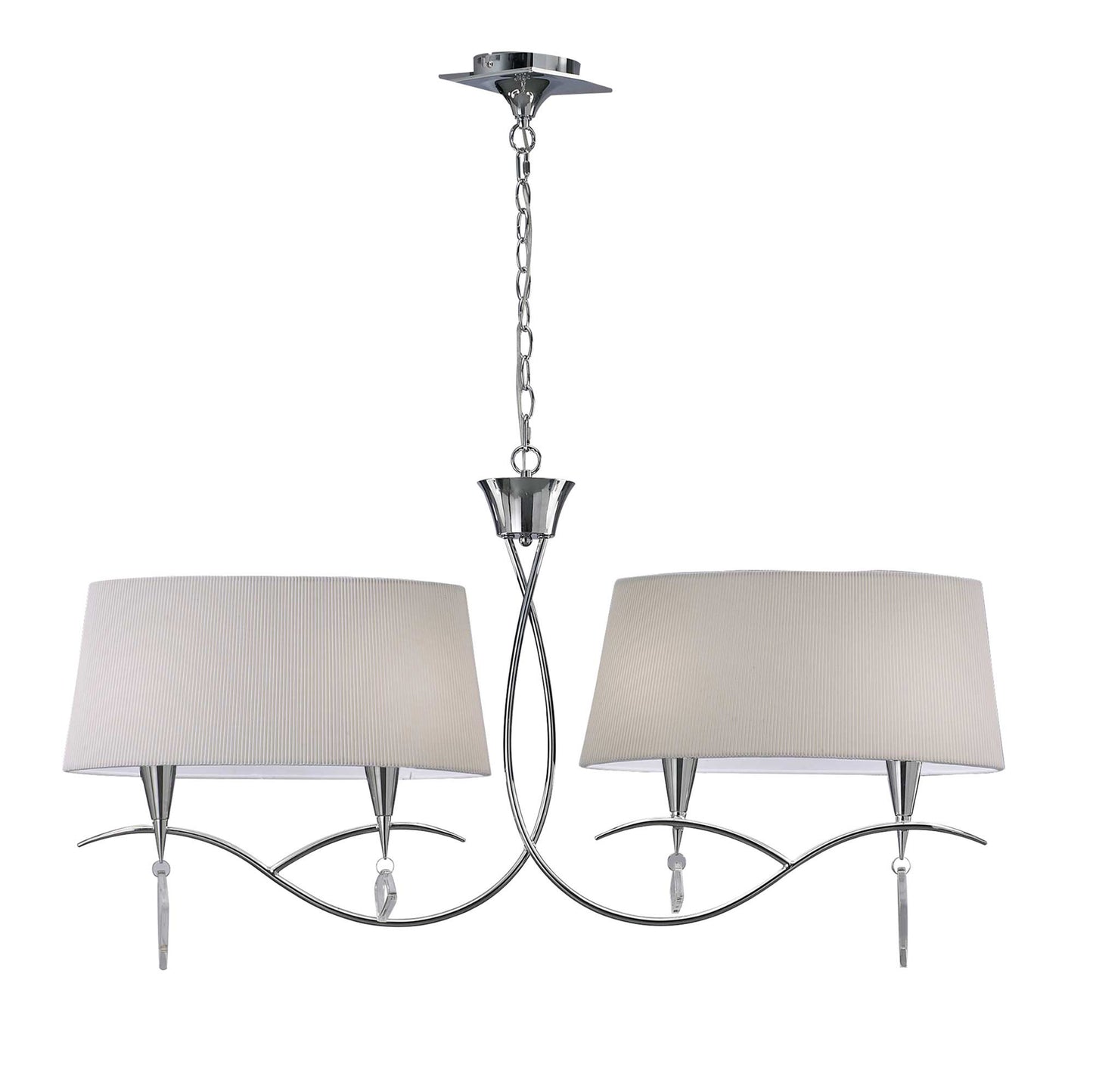 Mara Linear Pendant 2 Arm 4 Light E14, Polished Chrome With Ivory White Shades by Mantra