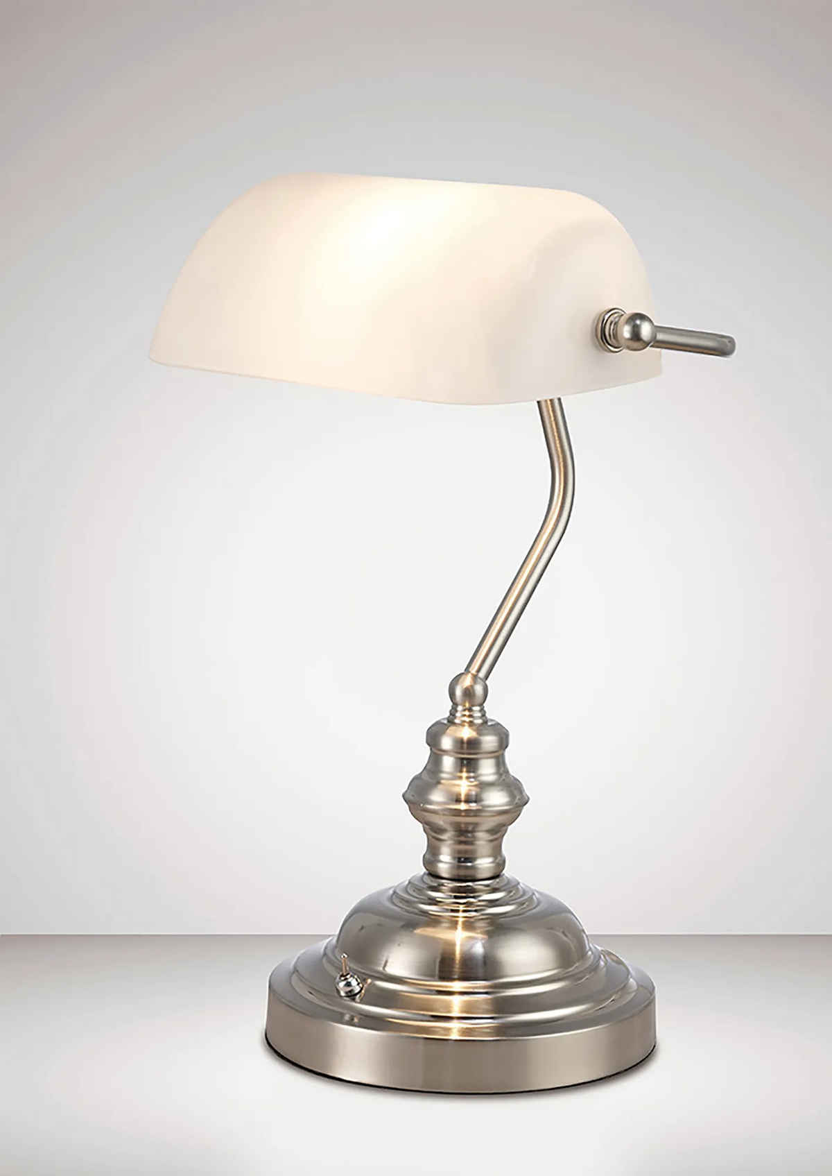 Morgan Bankers Table Lamp 1 Light E27 Satin Nickel/White Glass