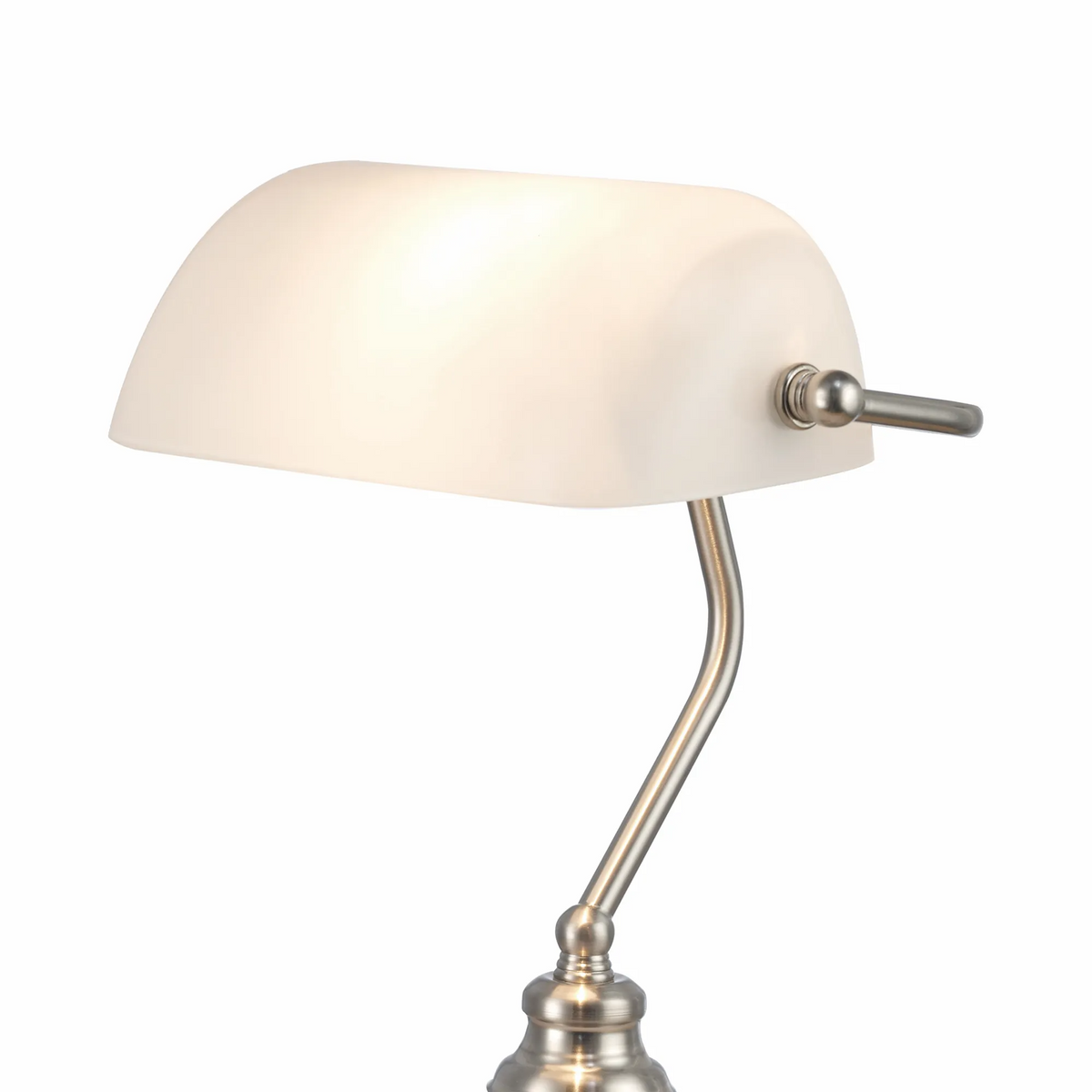 Morgan Bankers Table Lamp 1 Light E27 Satin Nickel/White Glass