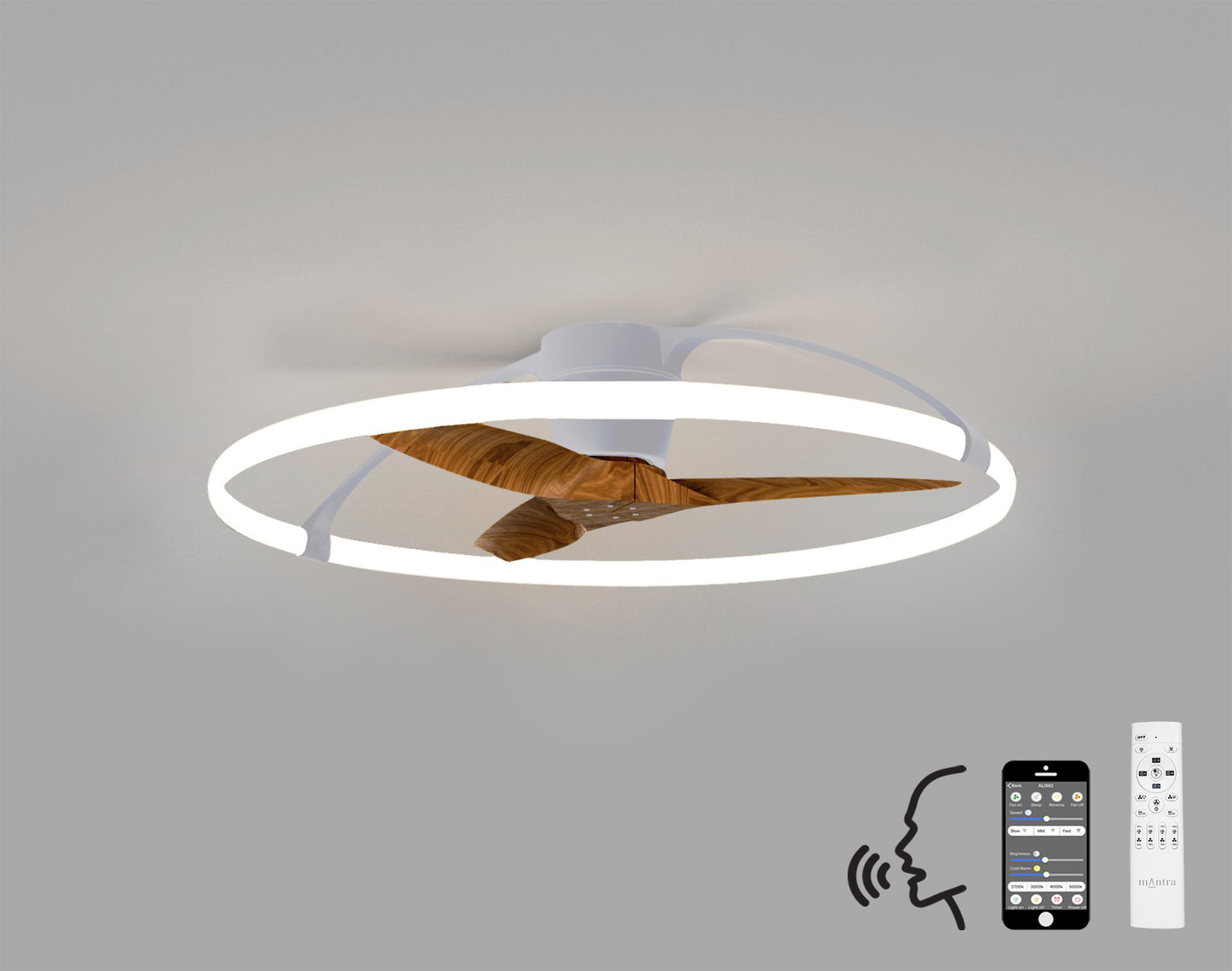 Nepal 75W LED Dimmable Ceiling Light With Built-In 35W DC Reversible Fan, Silver/Wood Finish c/w Remote, APP & Alexa/Google Voice Control, 7200lm by Mantra