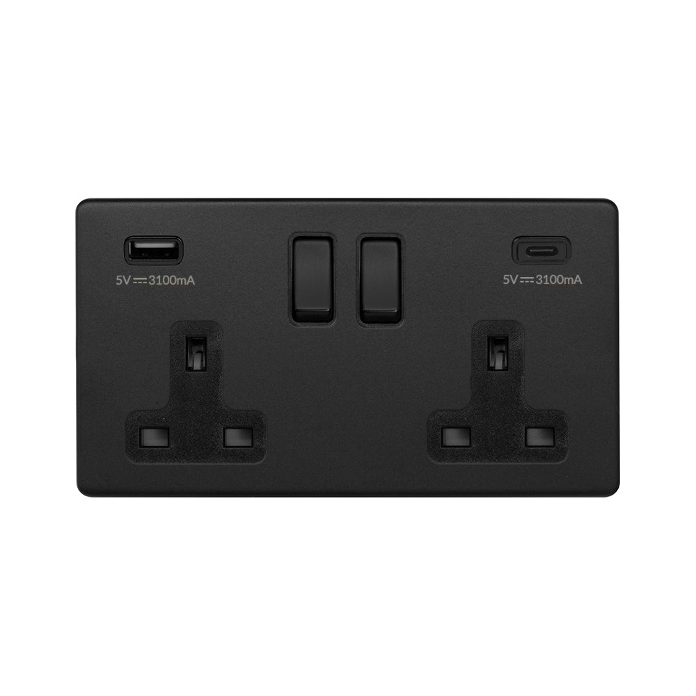 The Camden Collection Matt Black 2 Gang USB  A&C Socket (13A Socket + 2 USB Ports A&C 3.1A)