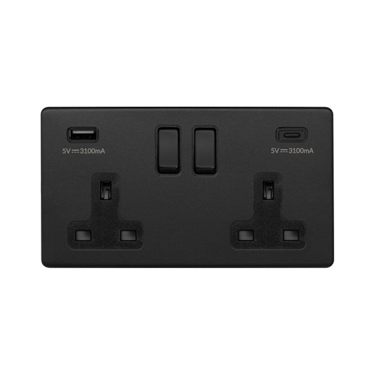 The Camden Collection Matt Black 2 Gang USB  A&C Socket (13A Socket + 2 USB Ports A&C 3.1A)