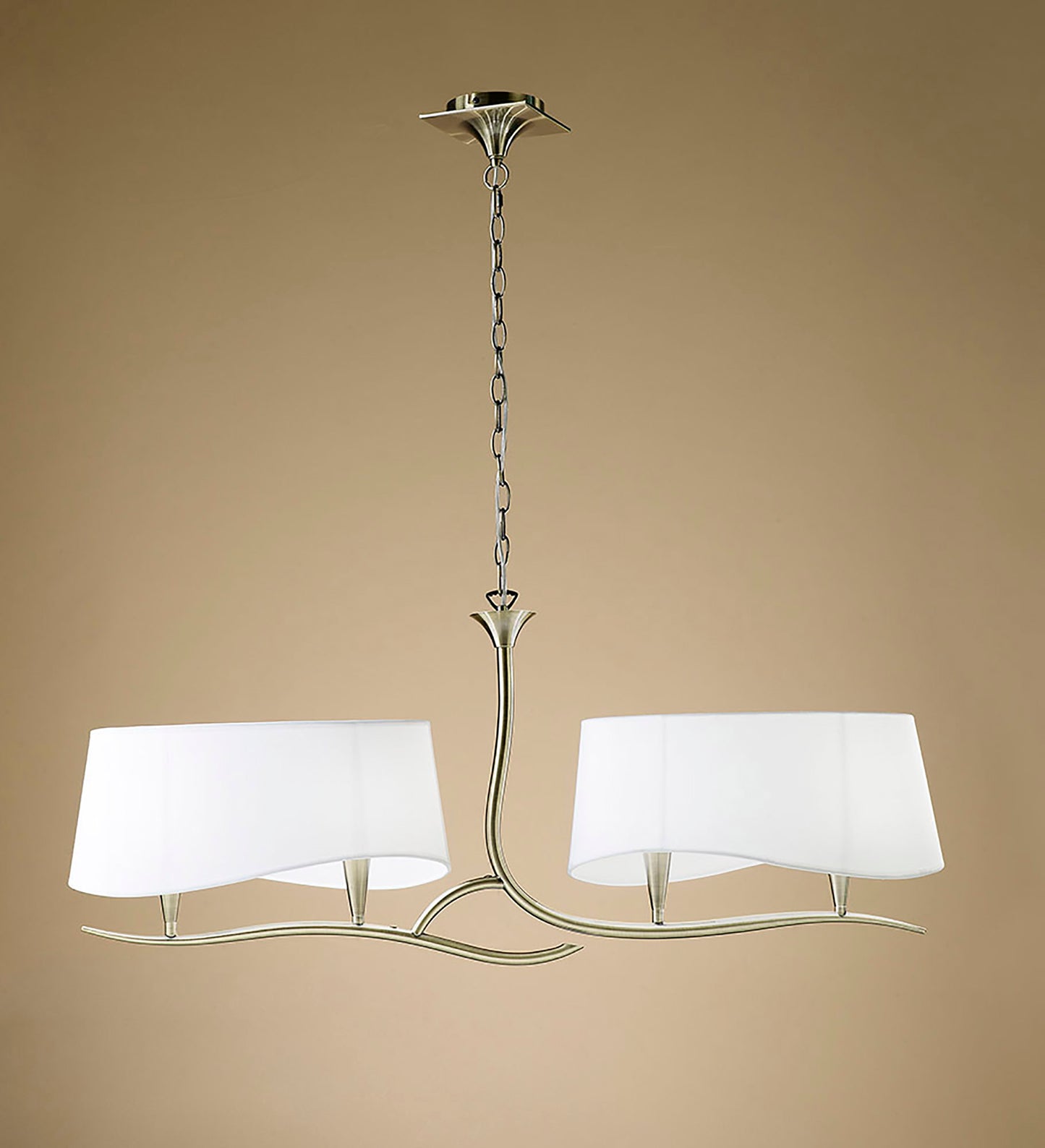 Ninette Linear Pendant 2 Arm 4 Light E14, Antique Brass With Ivory White Shades by Mantra