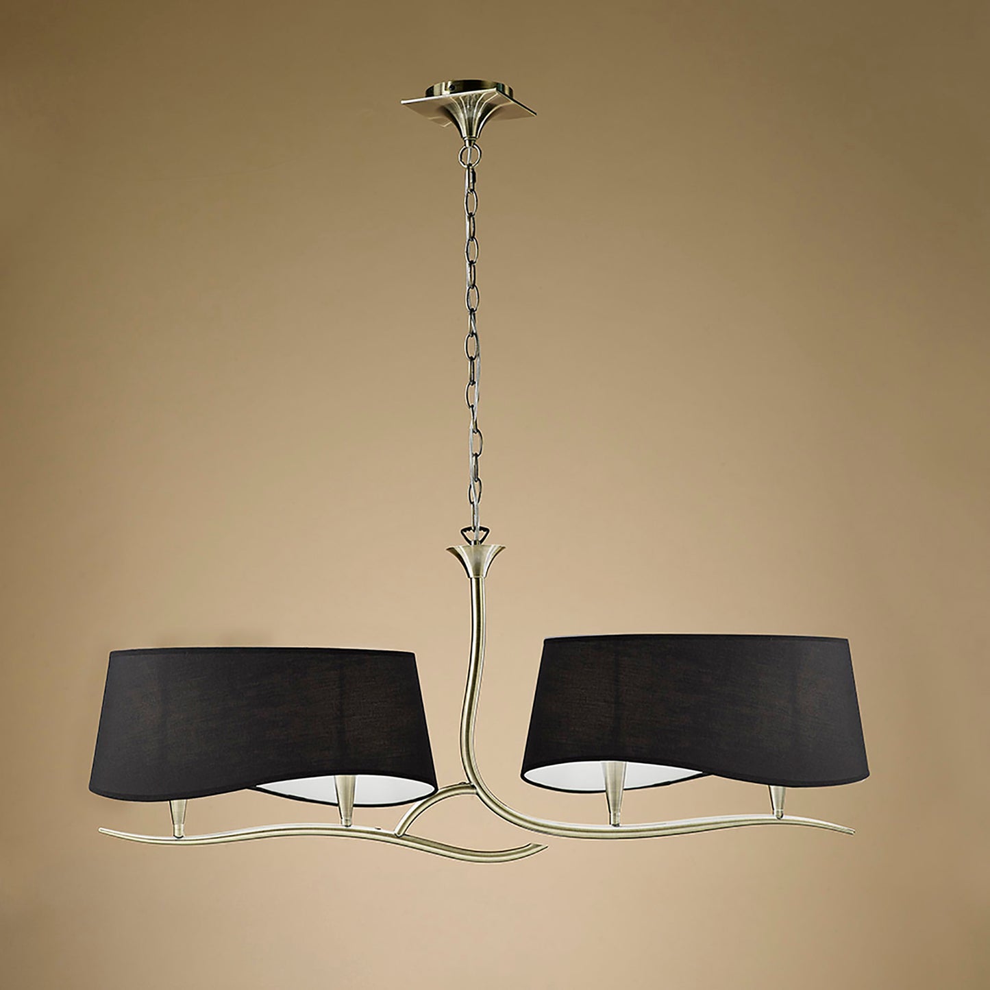 Ninette Linear Pendant 2 Arm 4 Light E14 With Black Shades Antique Brass by Mantra