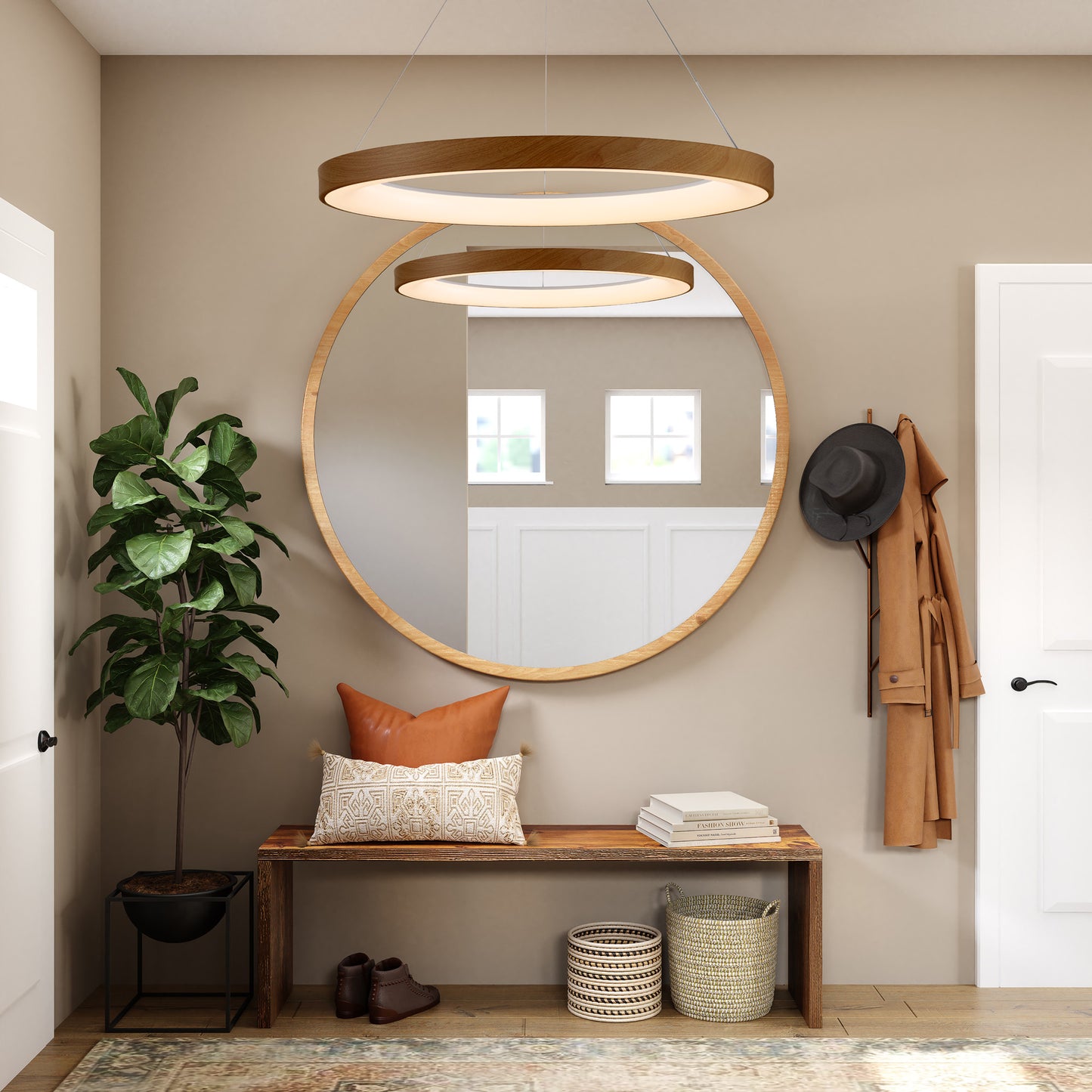 Niseko Ring Pendant 90cm 66W LED, 3000K-6000K Tuneable, 5440lm, Remote Control, Wood, 3yrs Warranty by Mantra