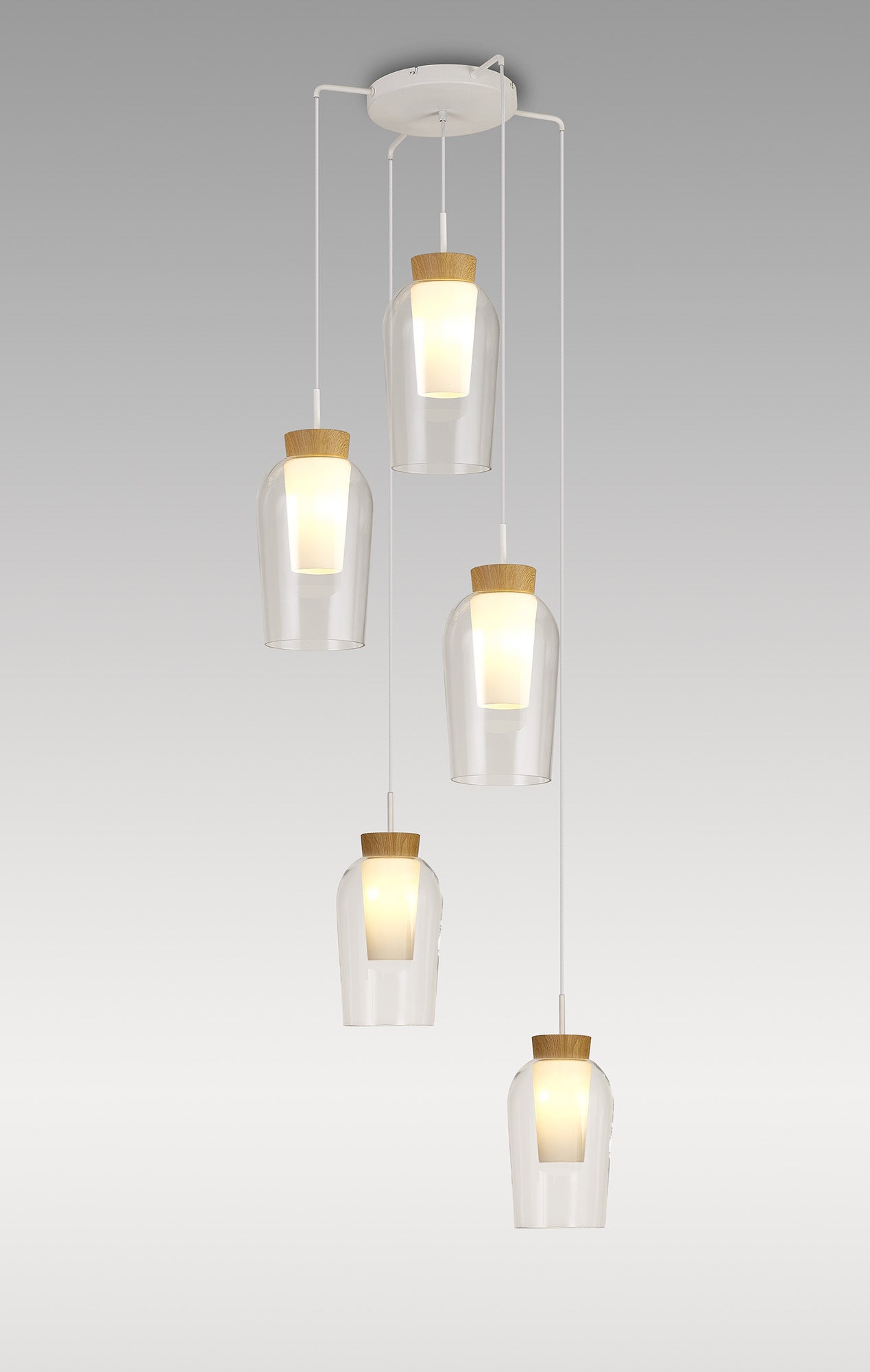 Nora Round Pendant, 5 Light Adjustable E27, White/Wood/Clear Glass With Frosted Inner by Mantra