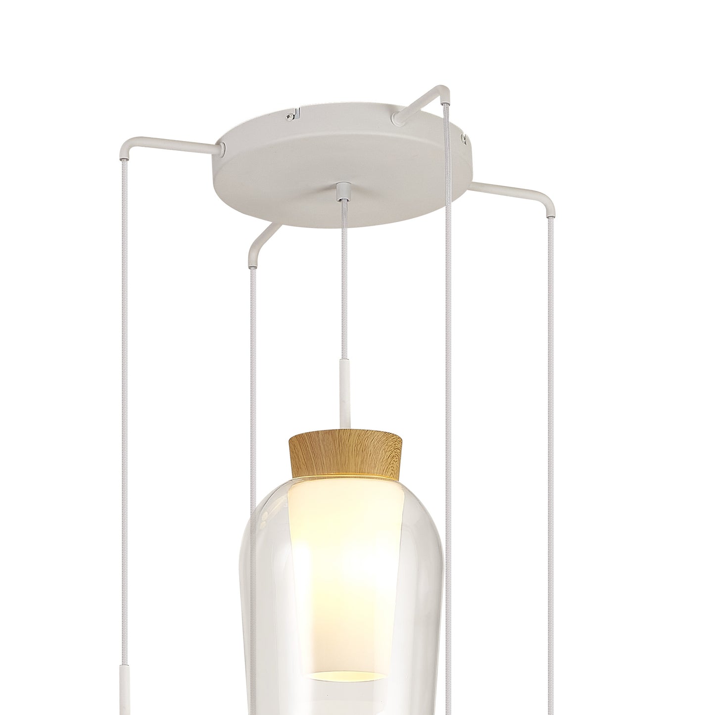 Nora Round Pendant, 5 Light Adjustable E27, White/Wood/Clear Glass With Frosted Inner by Mantra