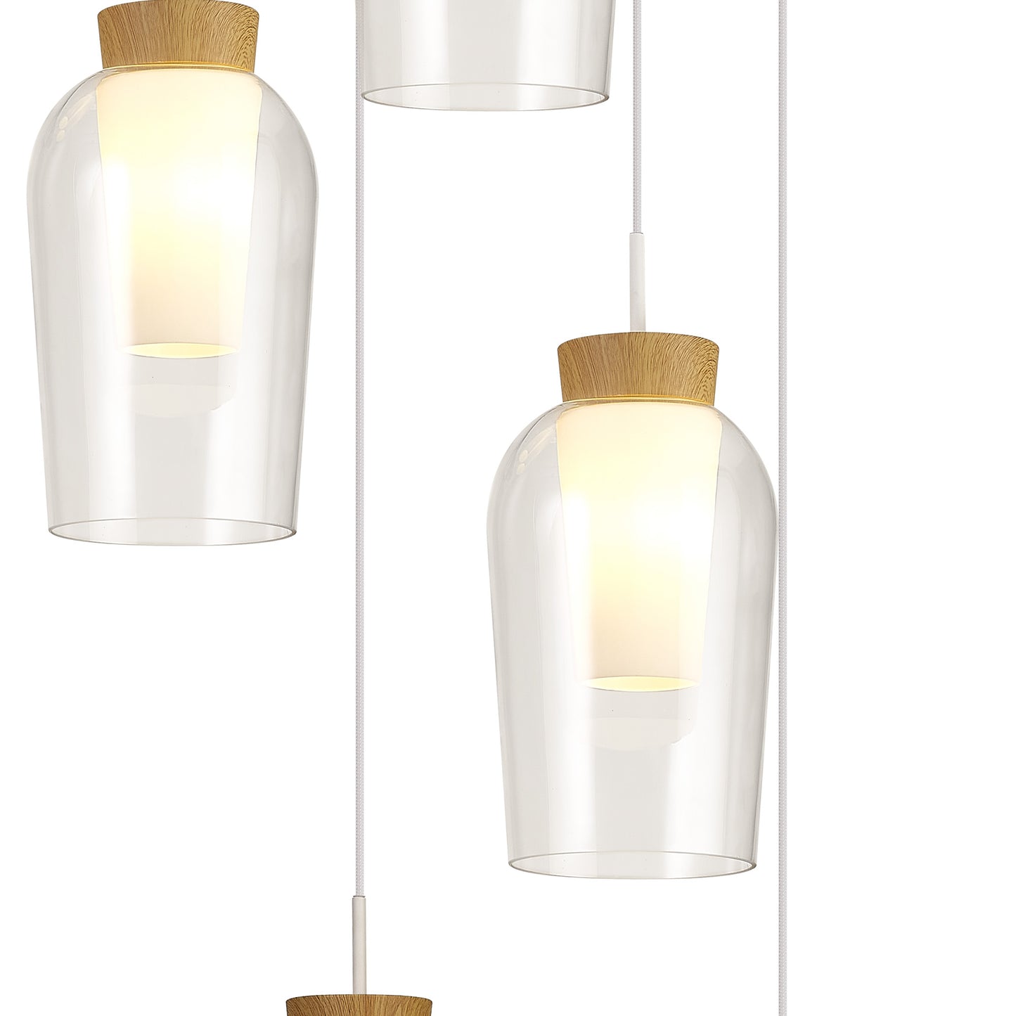 Nora Round Pendant, 5 Light Adjustable E27, White/Wood/Clear Glass With Frosted Inner by Mantra