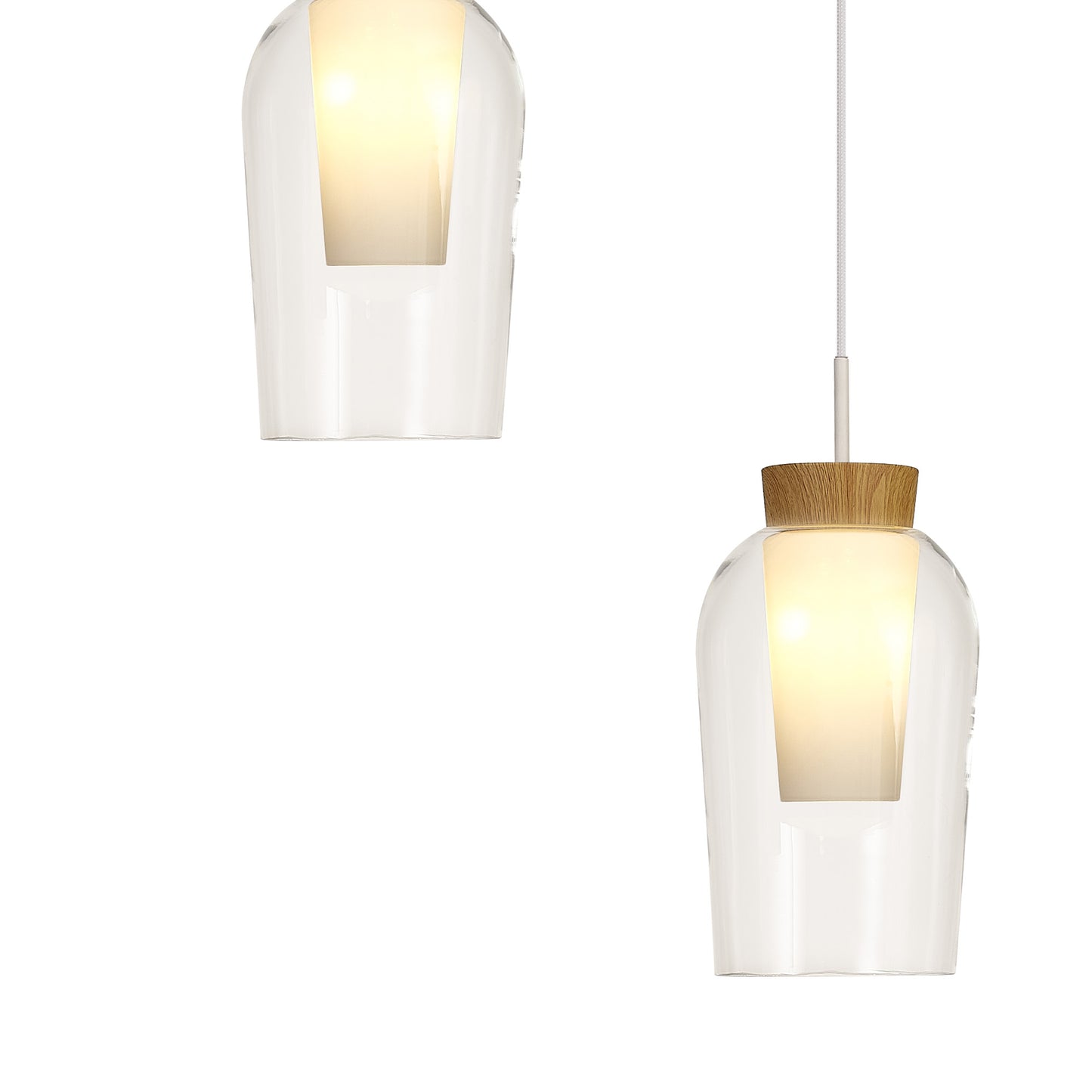 Nora Round Pendant, 5 Light Adjustable E27, White/Wood/Clear Glass With Frosted Inner by Mantra