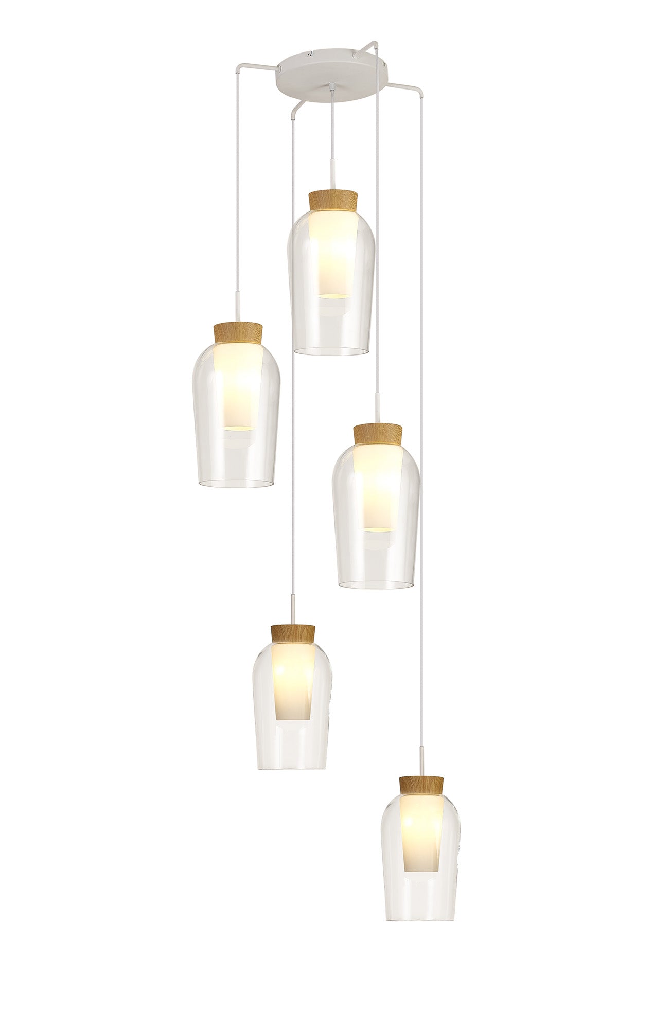 Nora Round Pendant, 5 Light Adjustable E27, White/Wood/Clear Glass With Frosted Inner by Mantra