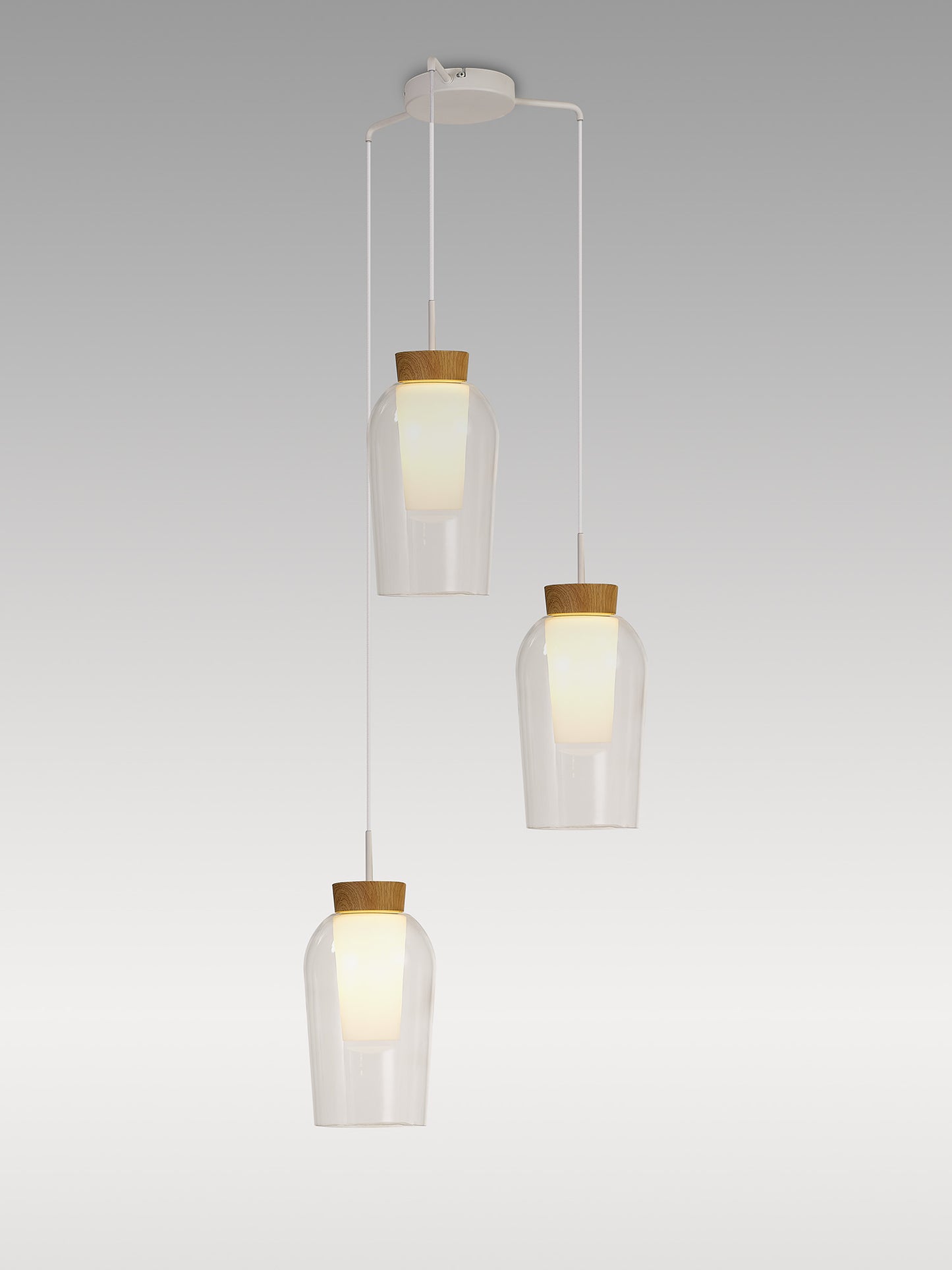 Nora Round Pendant, 3 Light Adjustable E27, White/Wood/Clear Glass With Frosted Inner by Mantra