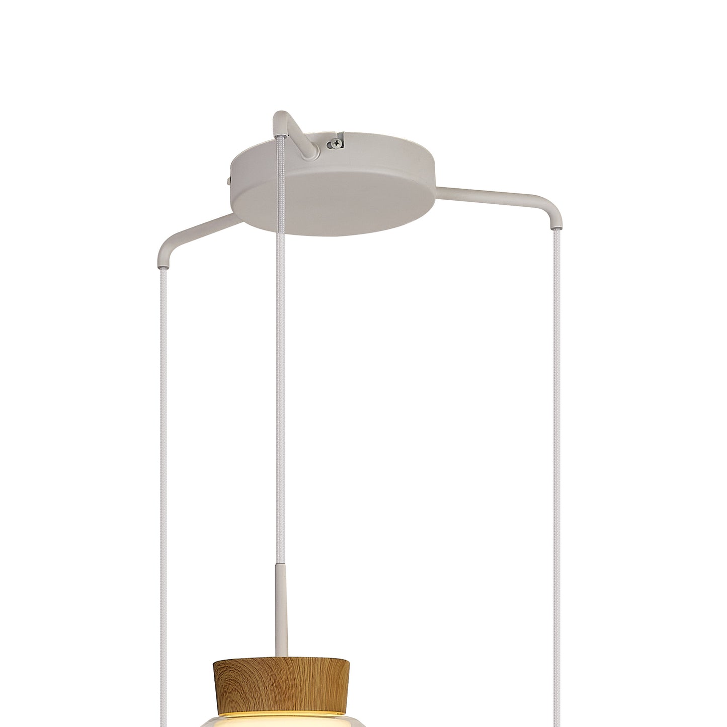 Nora Round Pendant, 3 Light Adjustable E27, White/Wood/Clear Glass With Frosted Inner by Mantra