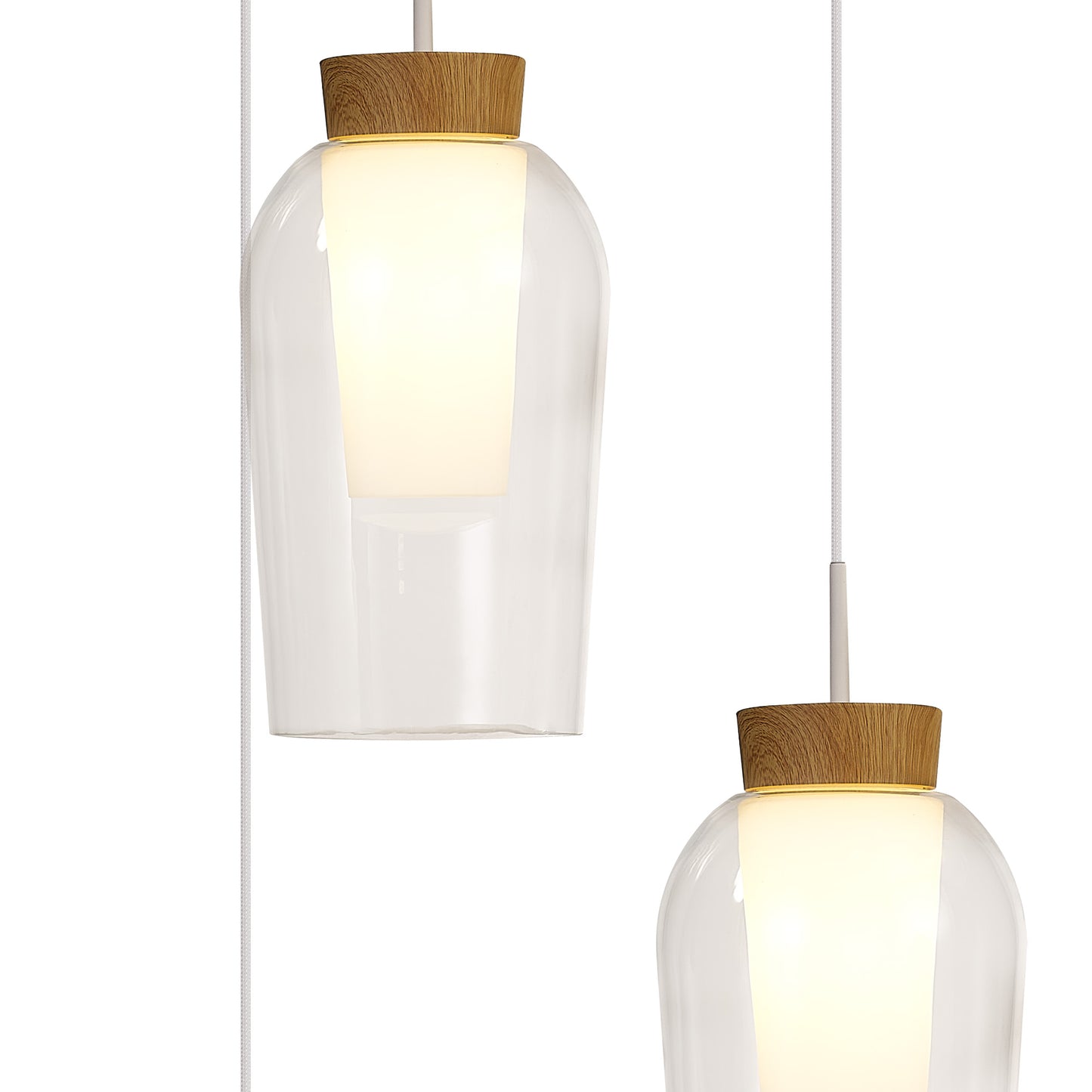 Nora Round Pendant, 3 Light Adjustable E27, White/Wood/Clear Glass With Frosted Inner by Mantra