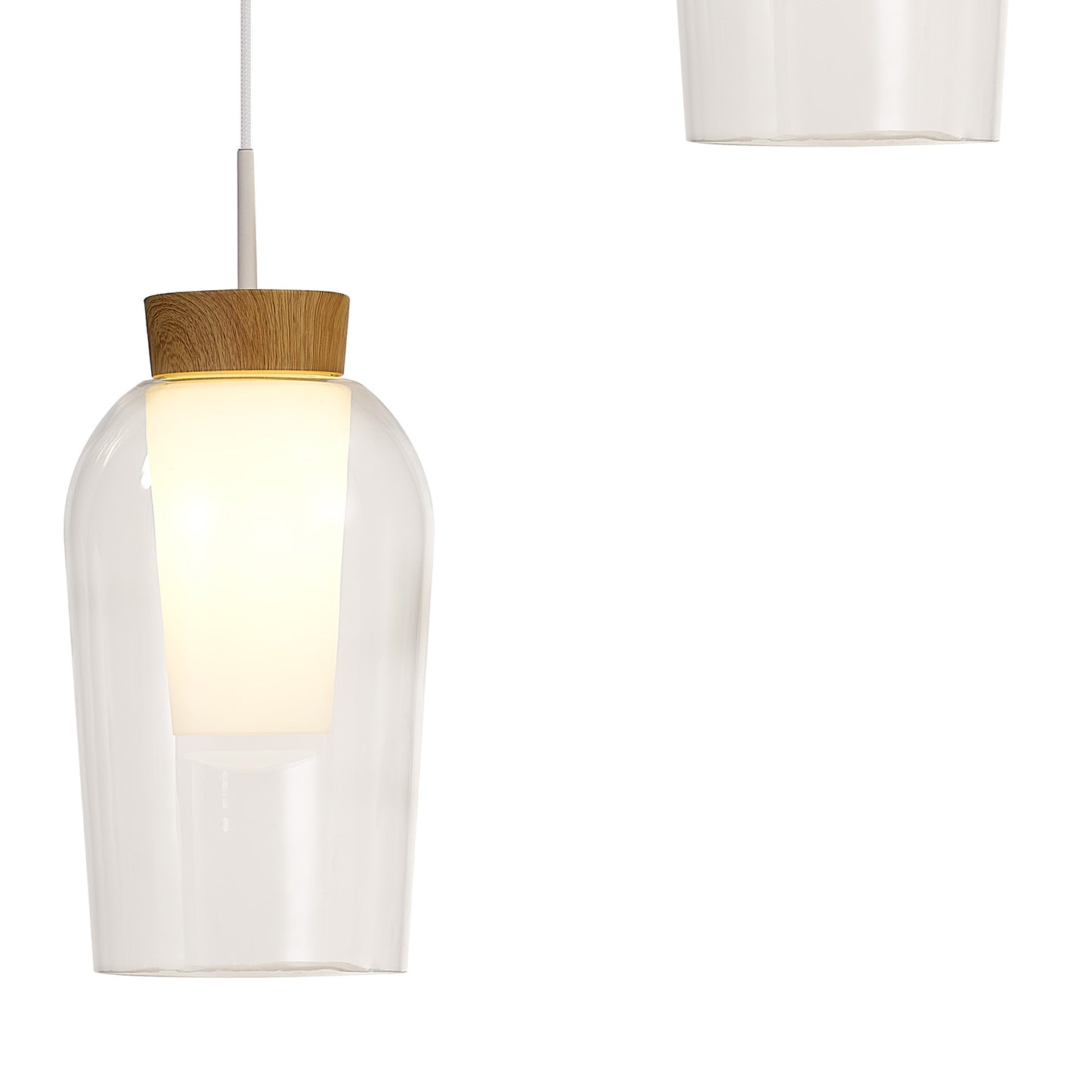 Nora Round Pendant, 3 Light Adjustable E27, White/Wood/Clear Glass With Frosted Inner by Mantra