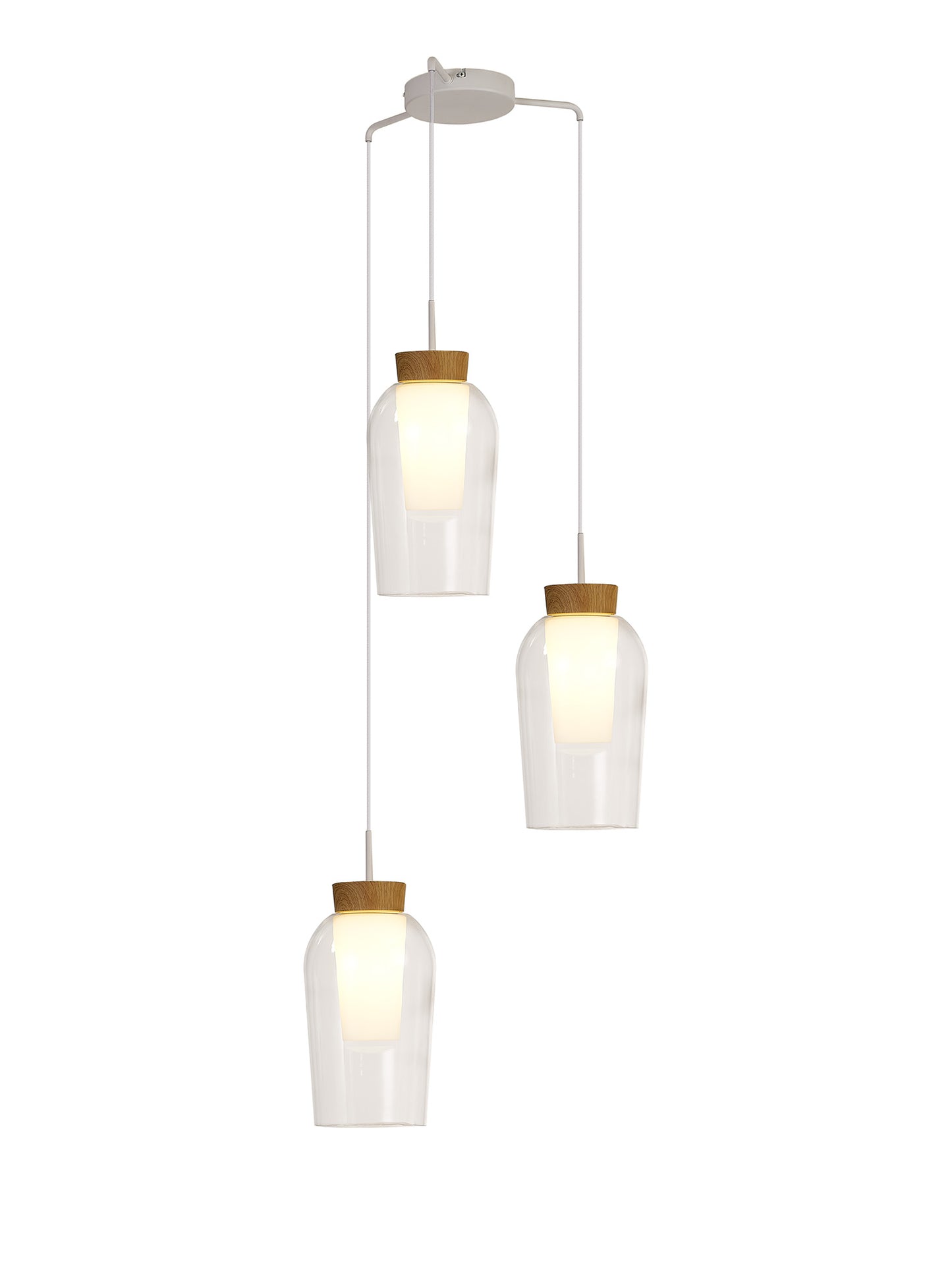 Nora Round Pendant, 3 Light Adjustable E27, White/Wood/Clear Glass With Frosted Inner by Mantra