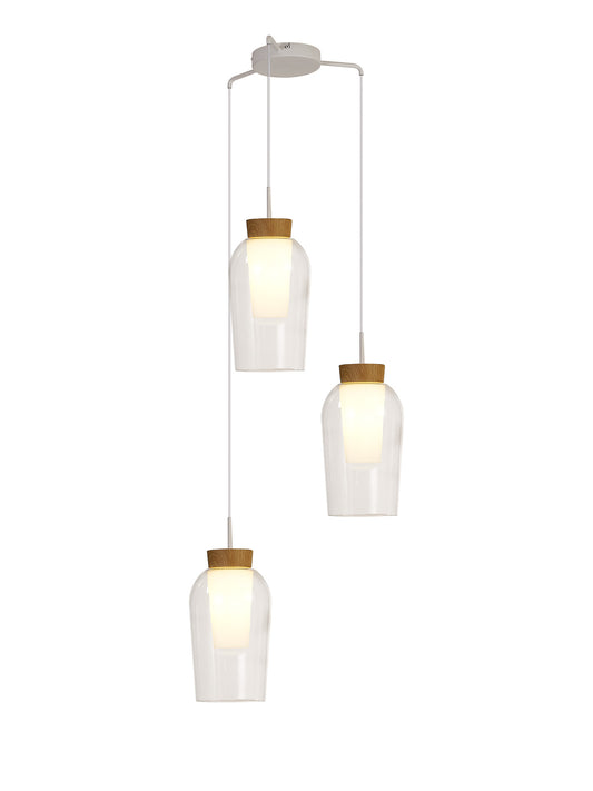 Nora Round Pendant, 3 Light Adjustable E27, White/Wood/Clear Glass With Frosted Inner by Mantra