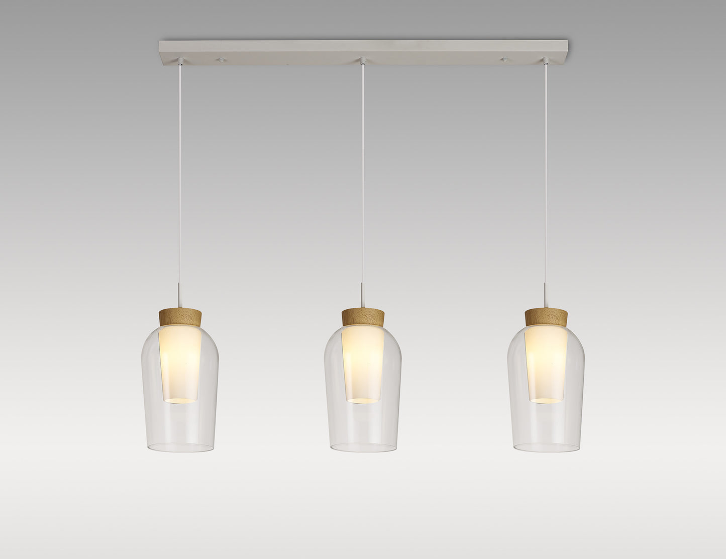 Nora Linear Pendant, 3 Light Adjustable E27, White/Wood/Clear Glass With Frosted Inner by Mantra