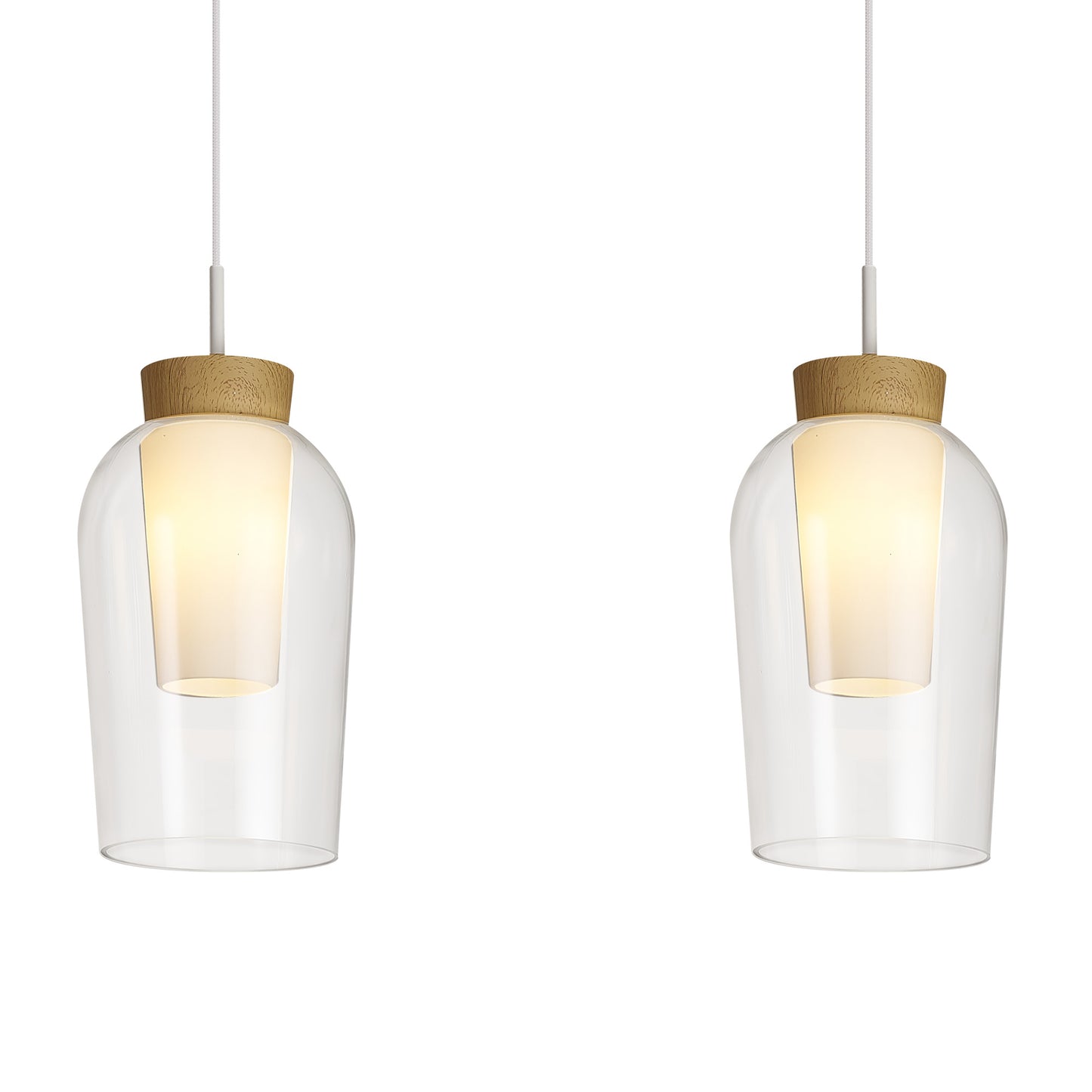 Nora Linear Pendant, 3 Light Adjustable E27, White/Wood/Clear Glass With Frosted Inner by Mantra