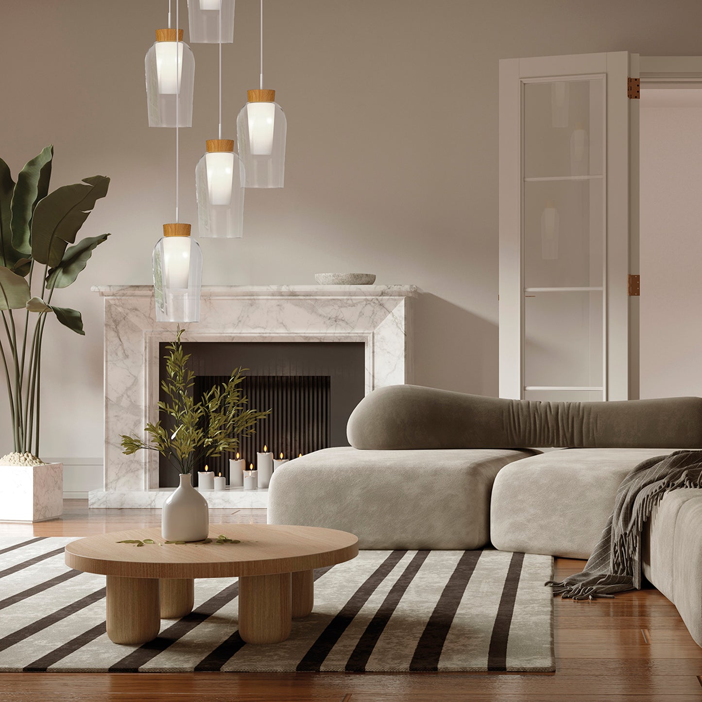 Nora Single Pendant, 1 Light Adjustable E27, White/Wood/Clear Glass With Frosted Inner by Mantra