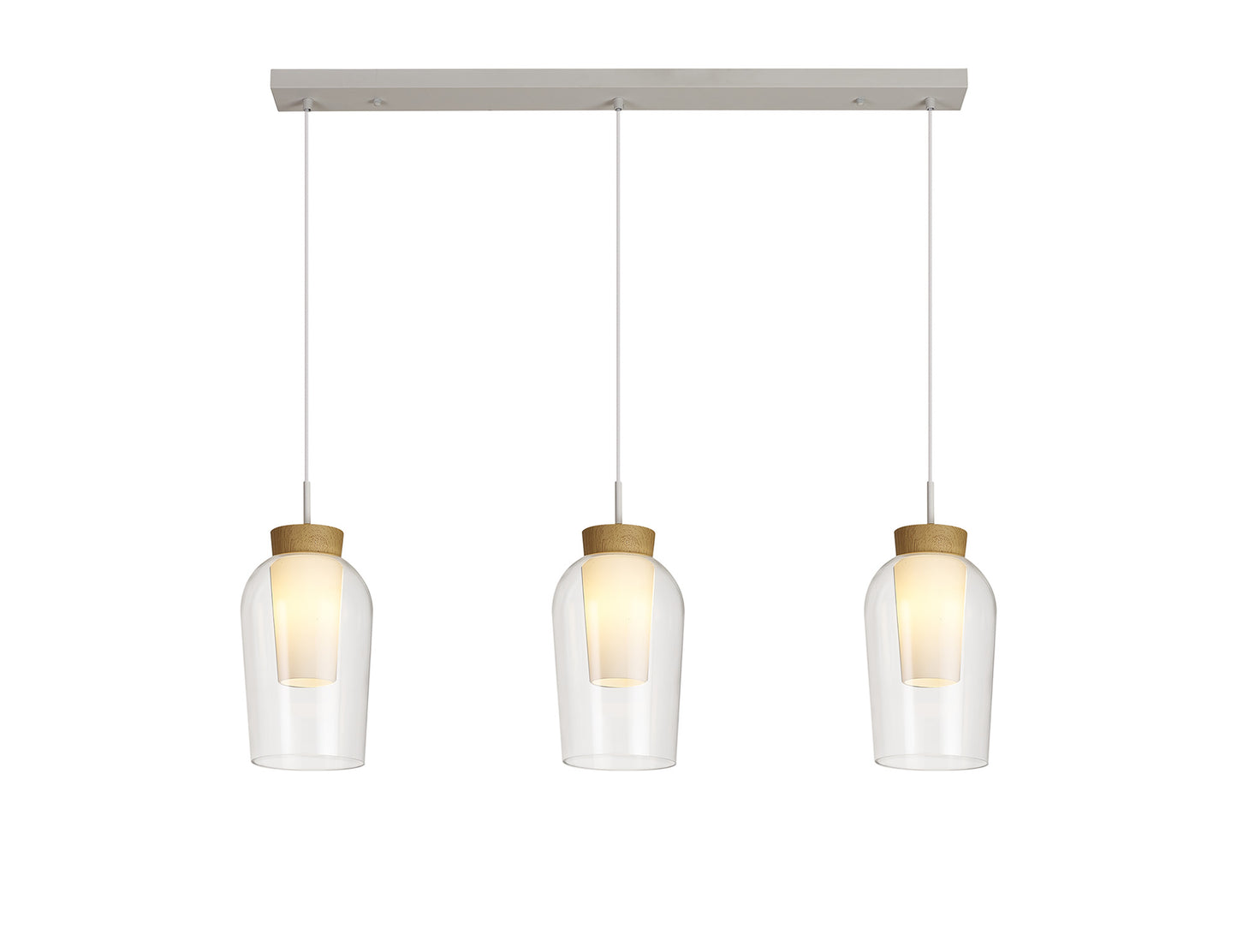 Nora Linear Pendant, 3 Light Adjustable E27, White/Wood/Clear Glass With Frosted Inner by Mantra