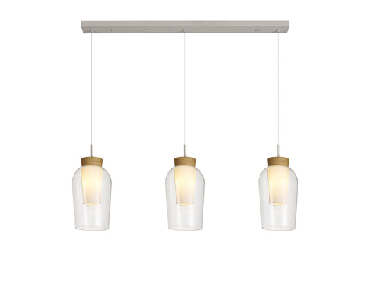 Nora Linear Pendant, 3 Light Adjustable E27, White/Wood/Clear Glass With Frosted Inner by Mantra