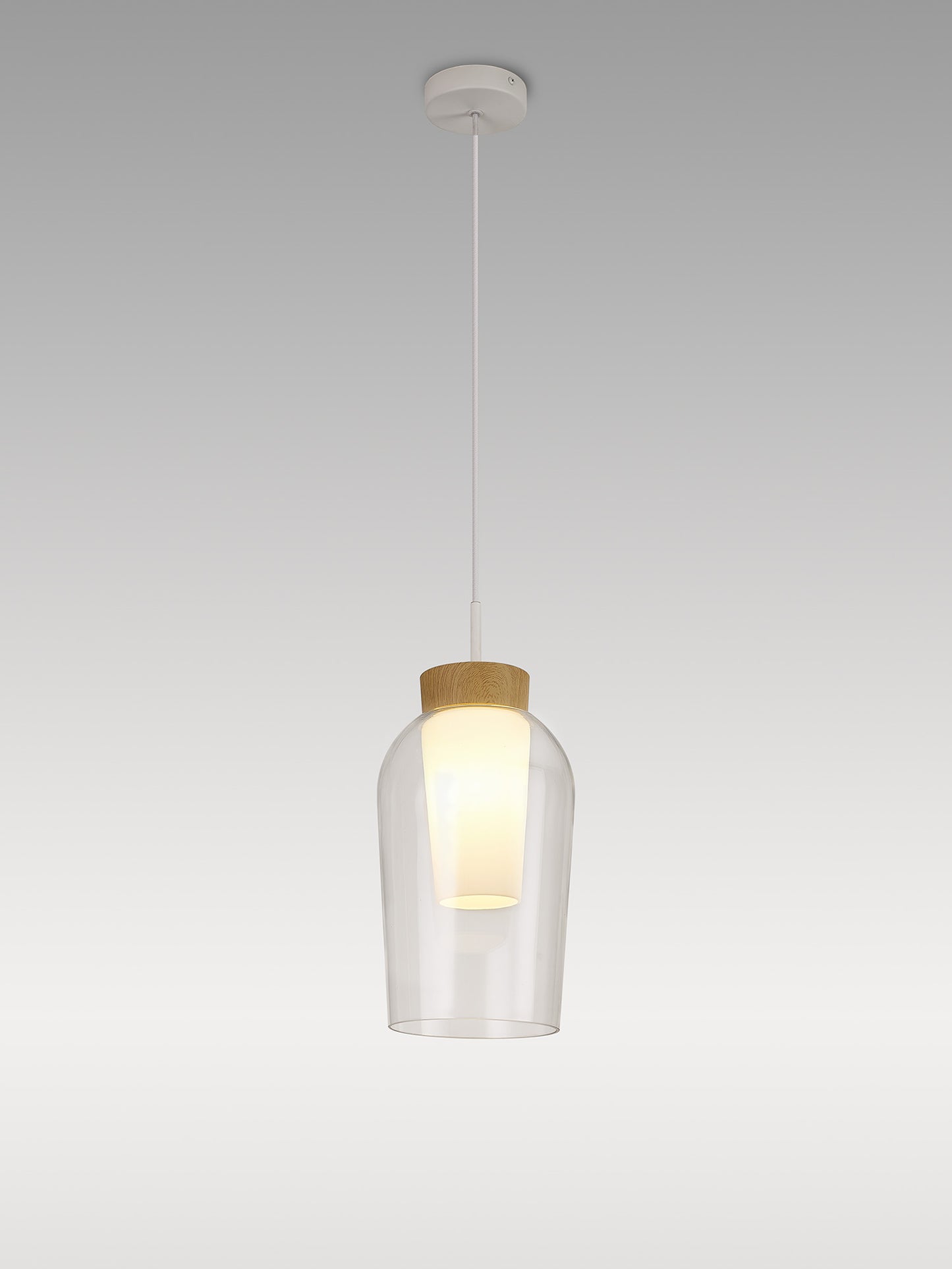 Nora Single Pendant, 1 Light Adjustable E27, White/Wood/Clear Glass With Frosted Inner by Mantra