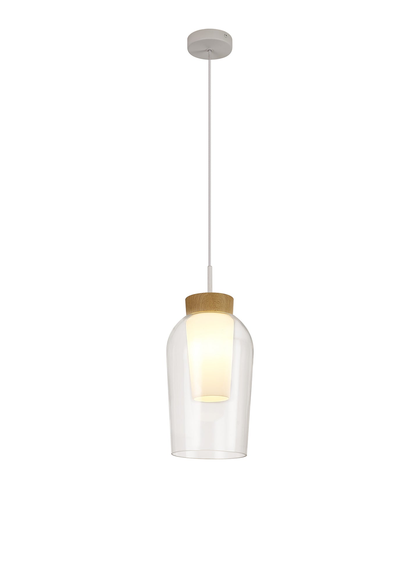 Nora Single Pendant, 1 Light Adjustable E27, White/Wood/Clear Glass With Frosted Inner by Mantra