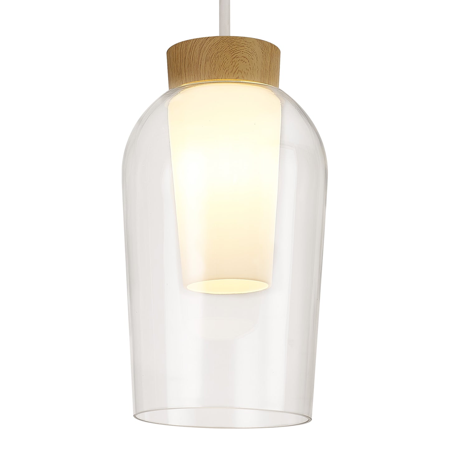 Nora Single Pendant, 1 Light Adjustable E27, White/Wood/Clear Glass With Frosted Inner by Mantra