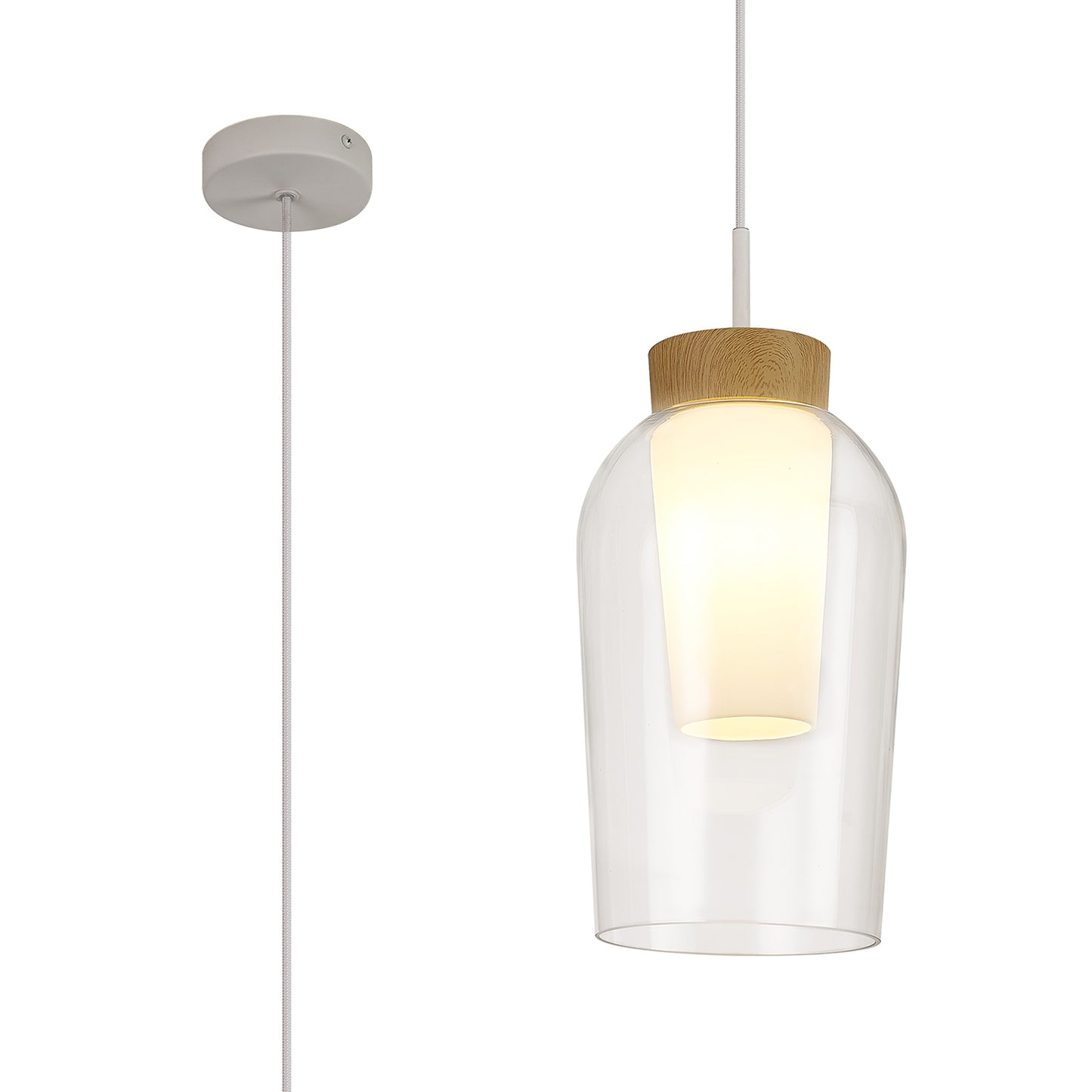 Nora Single Pendant, 1 Light Adjustable E27, White/Wood/Clear Glass With Frosted Inner by Mantra