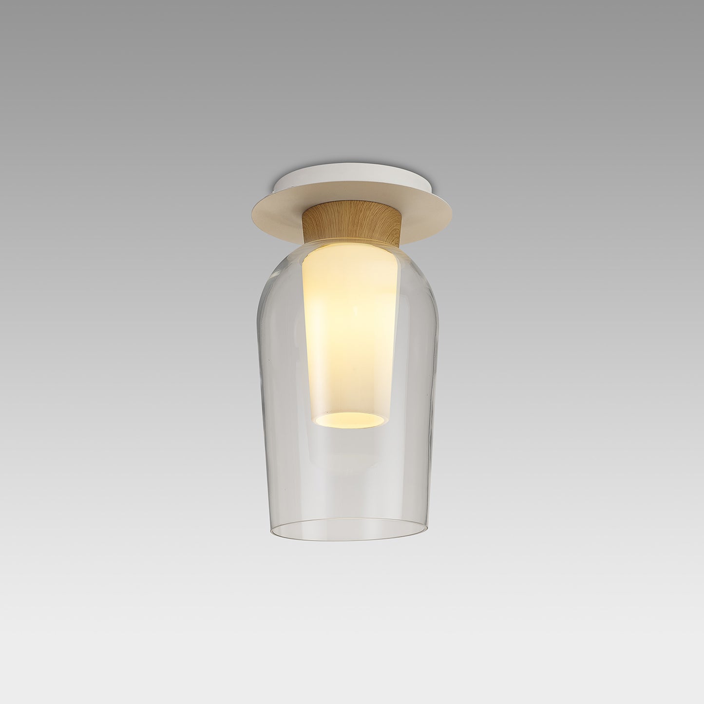 Nora Semi Ceiling, 1 Light E27, White/Wood/Clear Glass With Frosted Inner by Mantra