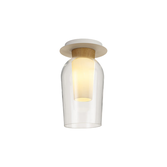 Nora Semi Ceiling, 1 Light E27, White/Wood/Clear Glass With Frosted Inner by Mantra