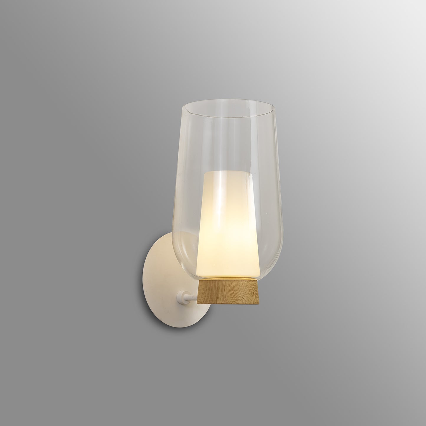 Nora Wall Lamp, 1 Light E27, White/Wood/Clear Glass With Frosted Inner by Mantra